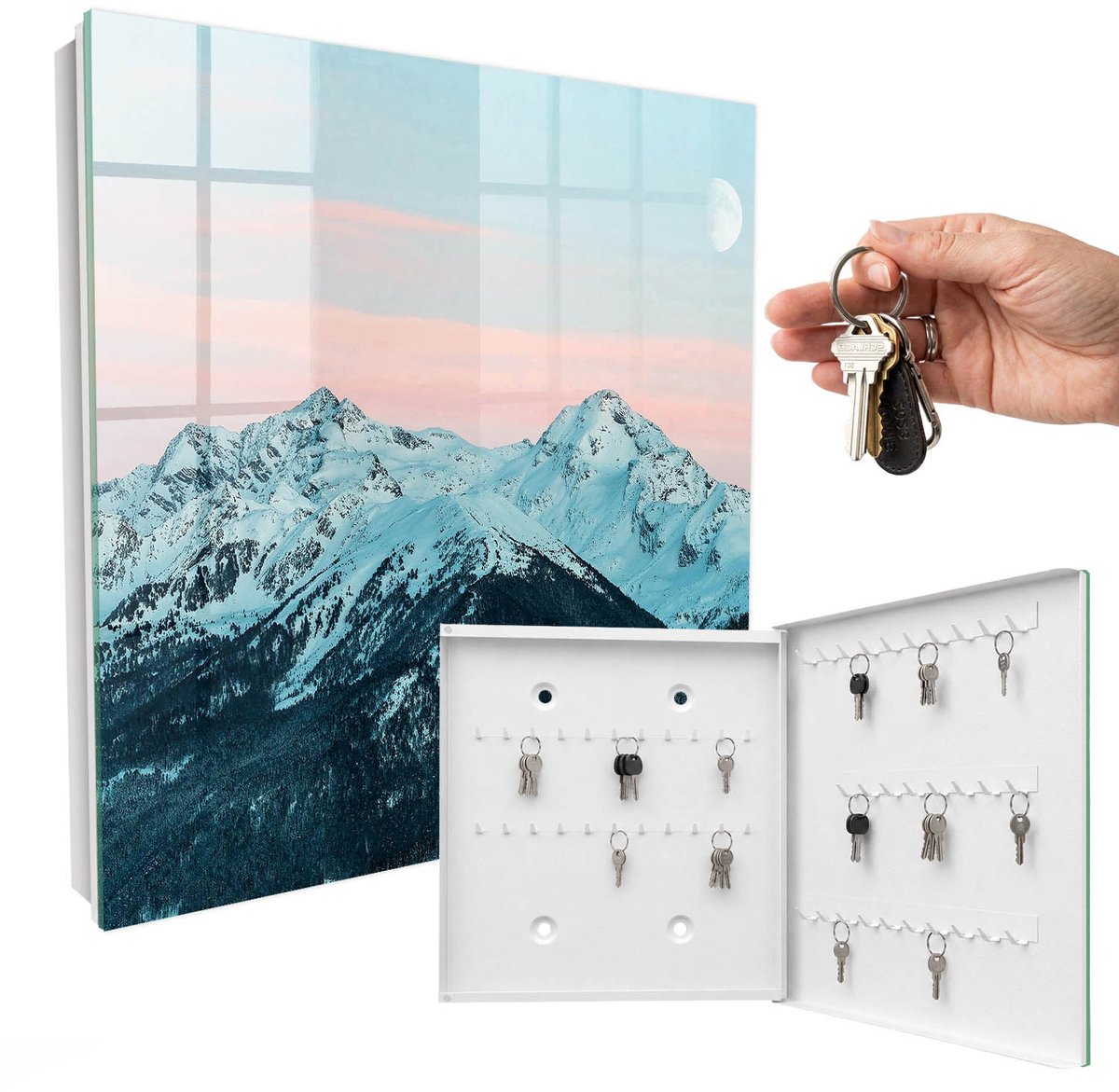 WallMuralia - Sleutelkast - 30x30x5 cm - met 50 haken - Bergvrede Sleutelkastje Landelijk - Wit Sleutelbox - Rechtsopenend - Wit interieur