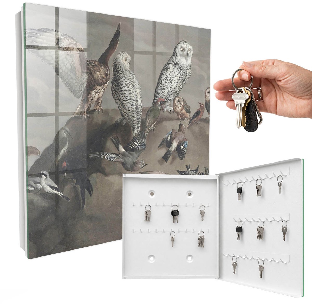 WallMuralia - Sleutelkast - 30x30x5 cm - met 50 haken - Vogels Op Een Rots Sleutelkastje Landelijk - Grijs Sleutelbox - Rechtsopenend - Wit interieur