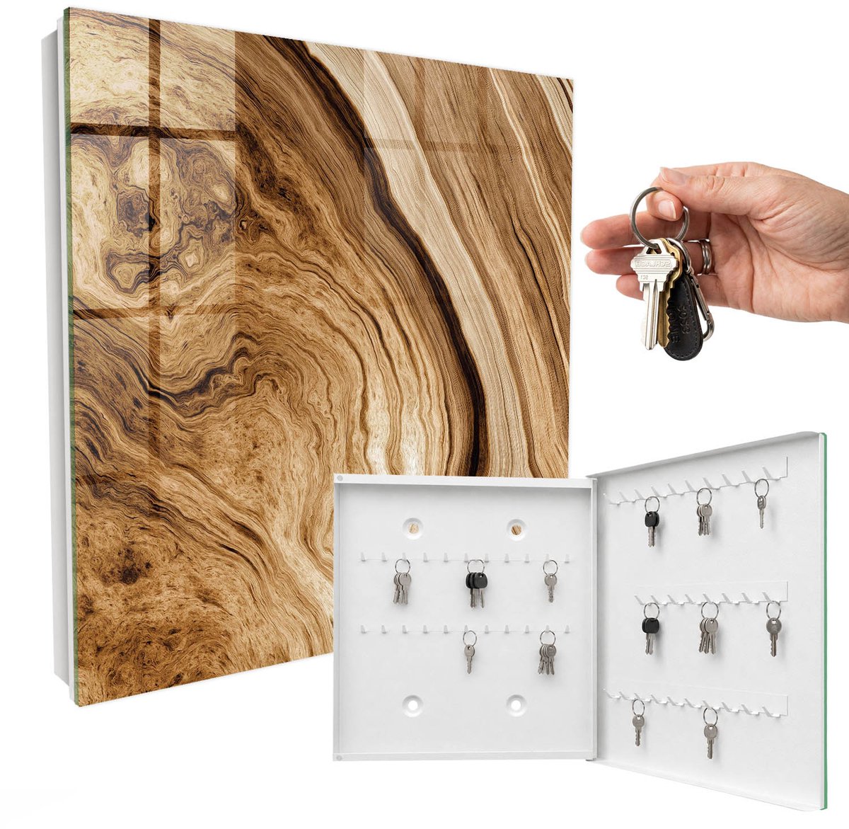 WallMuralia - Sleutelkast - 30x30x5 cm - met 50 haken - Golven Van Hout Design Sleutelkastje - Bruin Sleutelbox - Rechtsopenend - Wit interieur