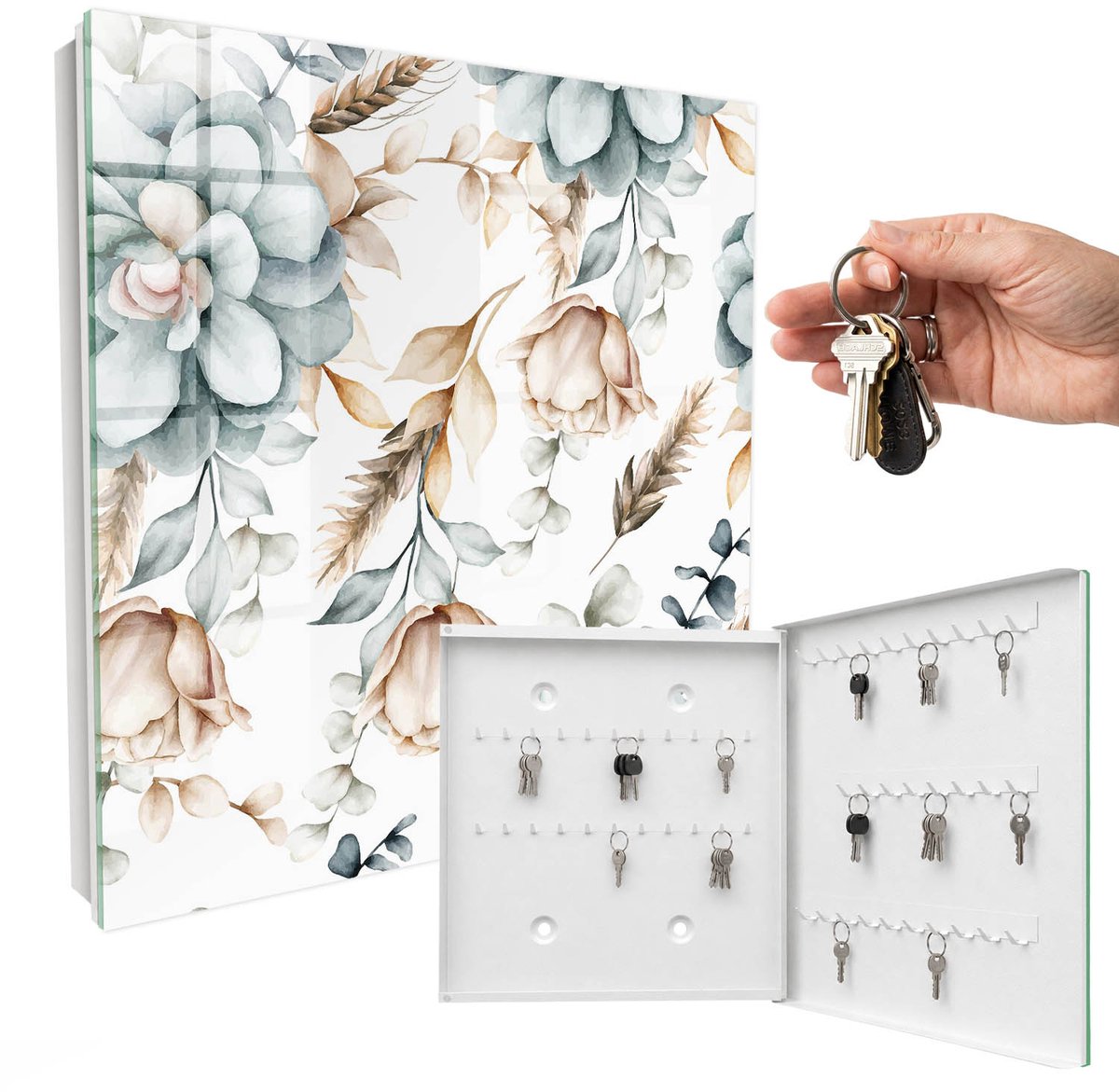 WallMuralia - Sleutelkast - 30x30x5 cm - met 50 haken - Aquarel Bloemen Sleutelkastje Design - Wit Sleutelbox - Rechtsopenend - Wit interieur