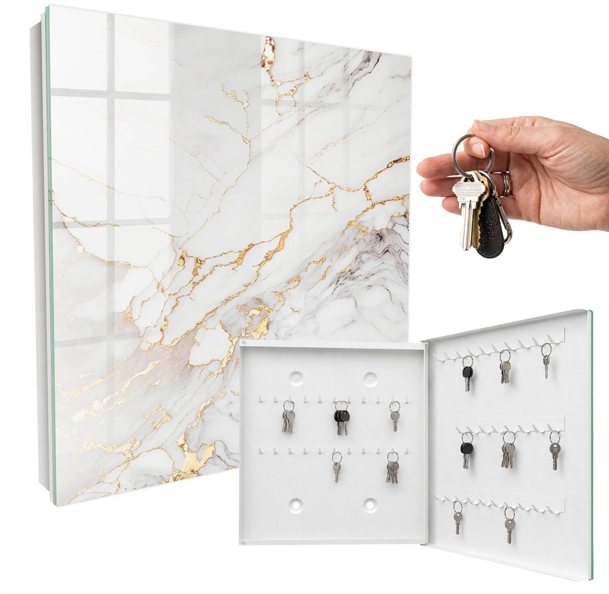 WallMuralia - Sleutelkast - 30x30x5 cm - met 50 haken - De Elegantie Van Steen Leuk Sleutelkastje - Wit Sleutelbox - Rechtsopenend - Wit interieur