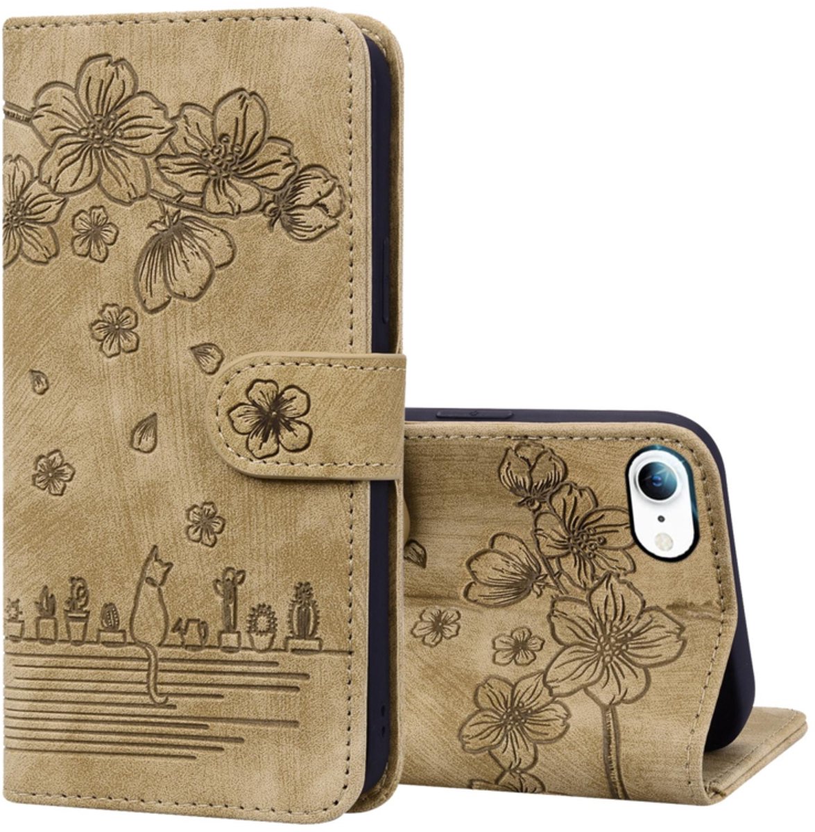 BookCover Hoes Etui geschikt voor Apple iPhone 16e - 17e - Beige - Bloemen Kat - Reliëf