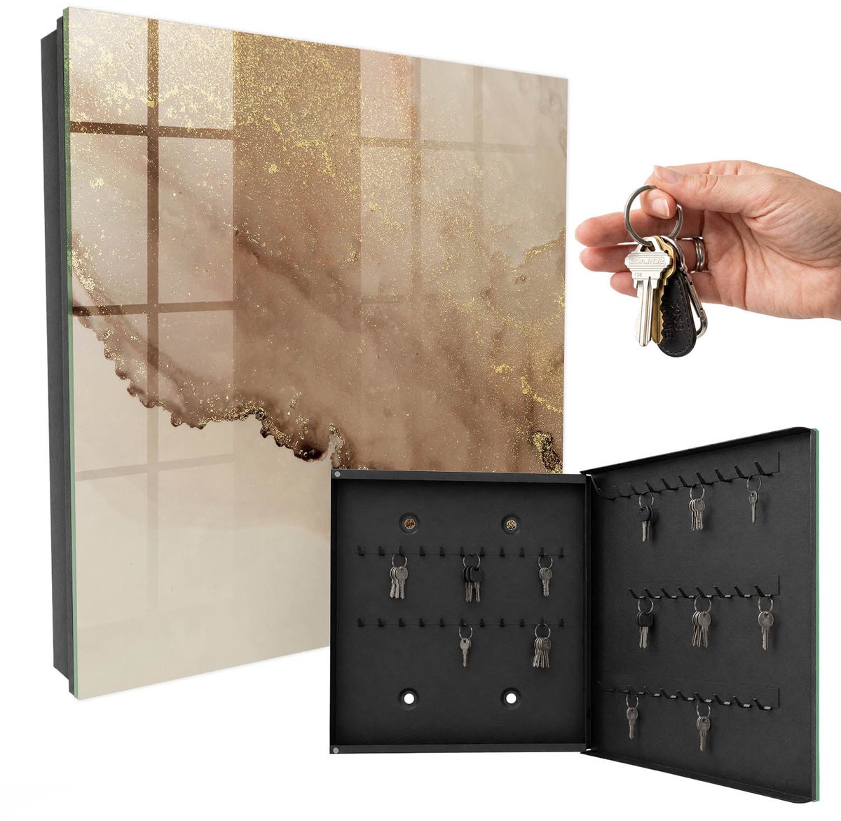 WallMuralia - Sleutelkast - 30x30x5 cm - met 50 haken - Artistieke Abstractie Sleutelkastje Design - Beige Sleutelbox - Rechtsopenend - Zwart interieur