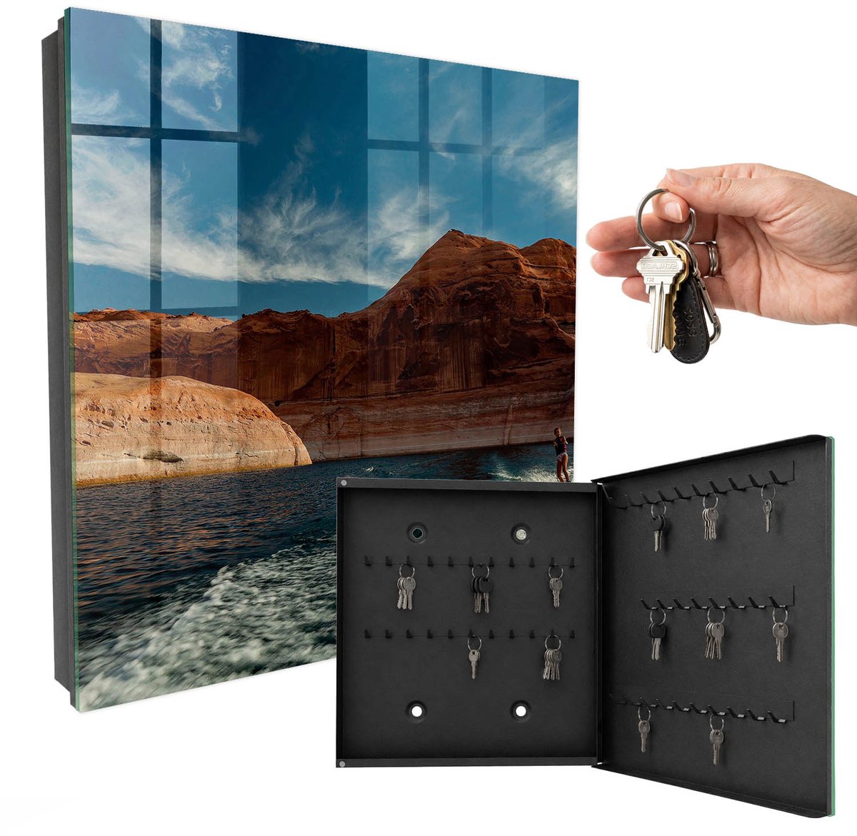 WallMuralia - Sleutelkast - 30x30x5 cm - met 50 haken - Wateremoties Sleutelkastje Landelijk - Oranje Sleutelbox - Rechtsopenend - Zwart interieur