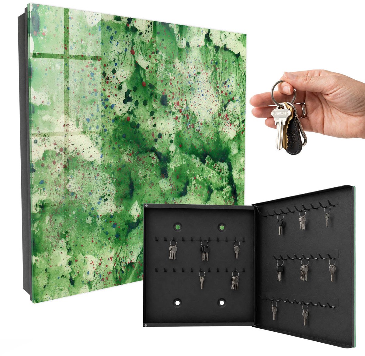WallMuralia - Sleutelkast - 30x30x5 cm - met 50 haken - Groene Chaos Sleutelkastje Binnen - Groente Sleutelbox - Rechtsopenend - Zwart interieur