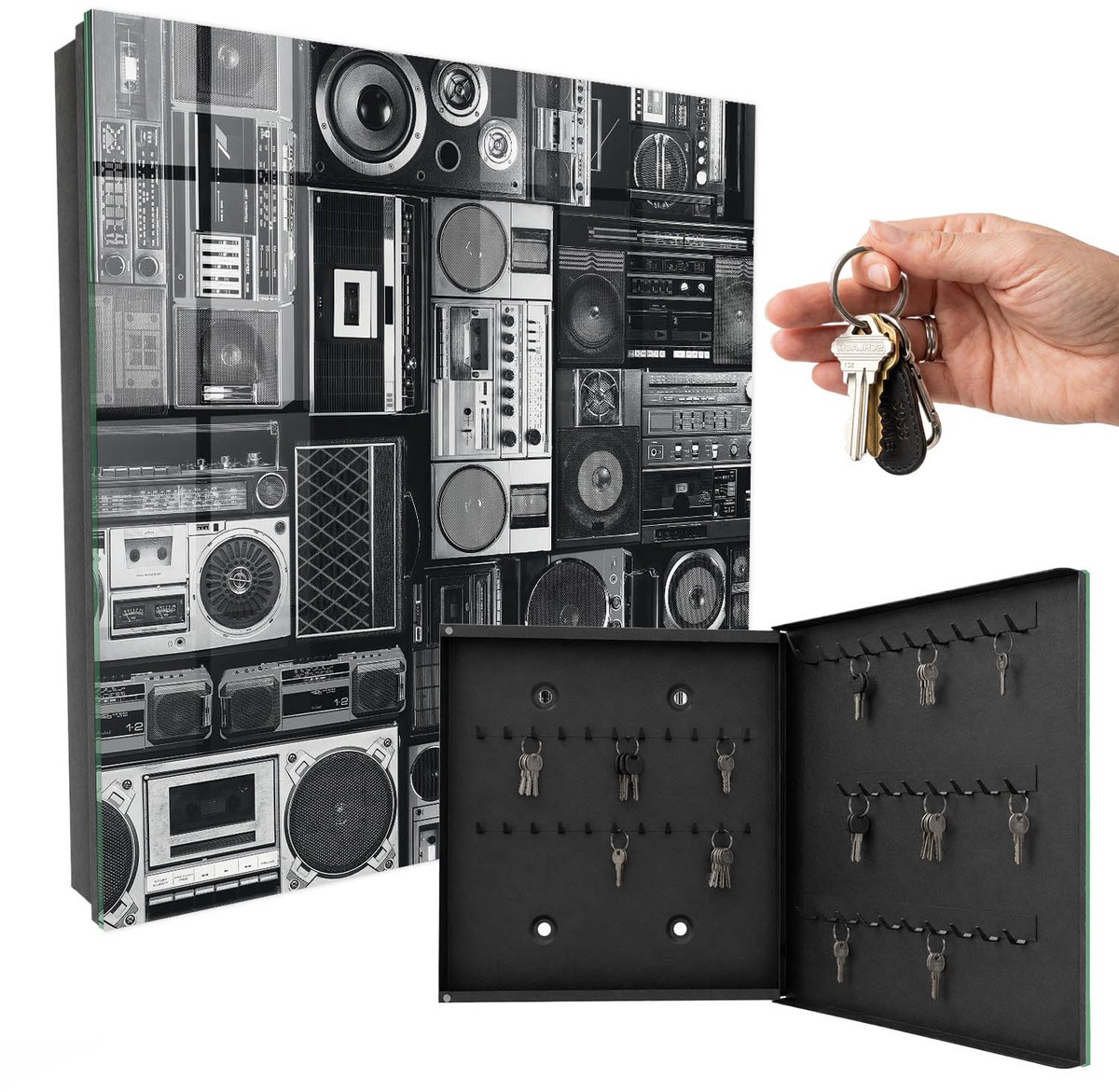 WallMuralia - Sleutelkast - 30x30x5 cm - met 50 haken - Muzikale Nostalgie Sleutelkastje Muur - Zwart-Wit Sleutelbox - Rechtsopenend - Zwart interieur