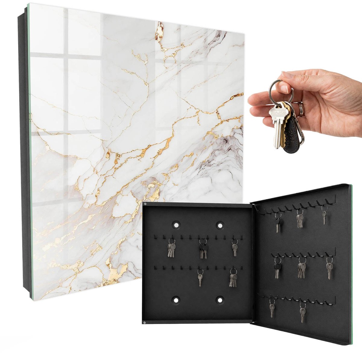 WallMuralia - Sleutelkast - 30x30x5 cm - met 50 haken - De Elegantie Van Steen Sleutelkastje Klein - Wit Sleutelbox - Rechtsopenend - Zwart interieur