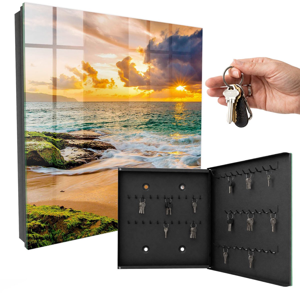 WallMuralia - Sleutelkast - 30x30x5 cm - met 50 haken - Zonsondergang Sleutelkastje Binnen - Oranje Sleutelbox - Rechtsopenend - Zwart interieur