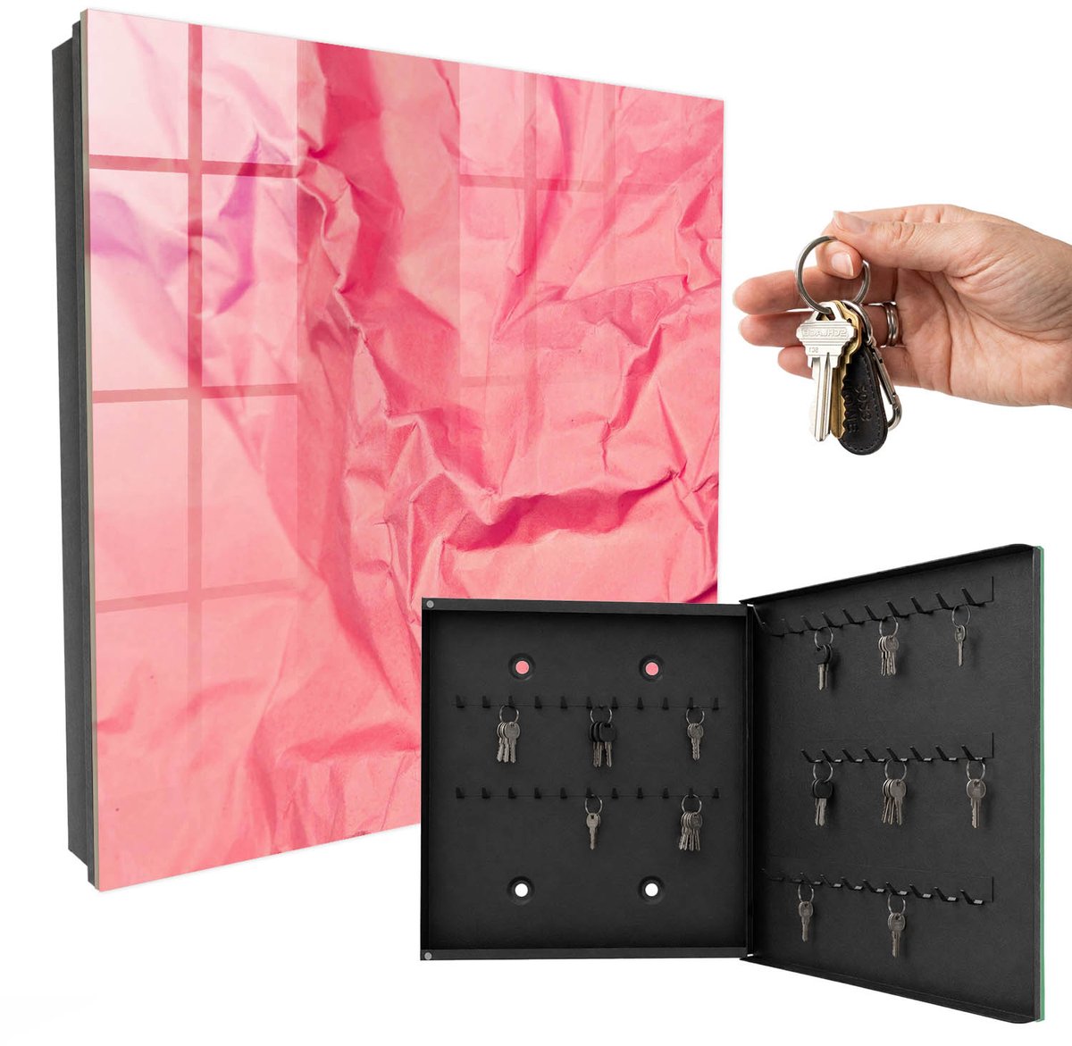 WallMuralia - Sleutelkast - 30x30x5 cm - met 50 haken - Roze Textuur Sleutelkastje Muur - Roze Sleutelbox - Rechtsopenend - Zwart interieur