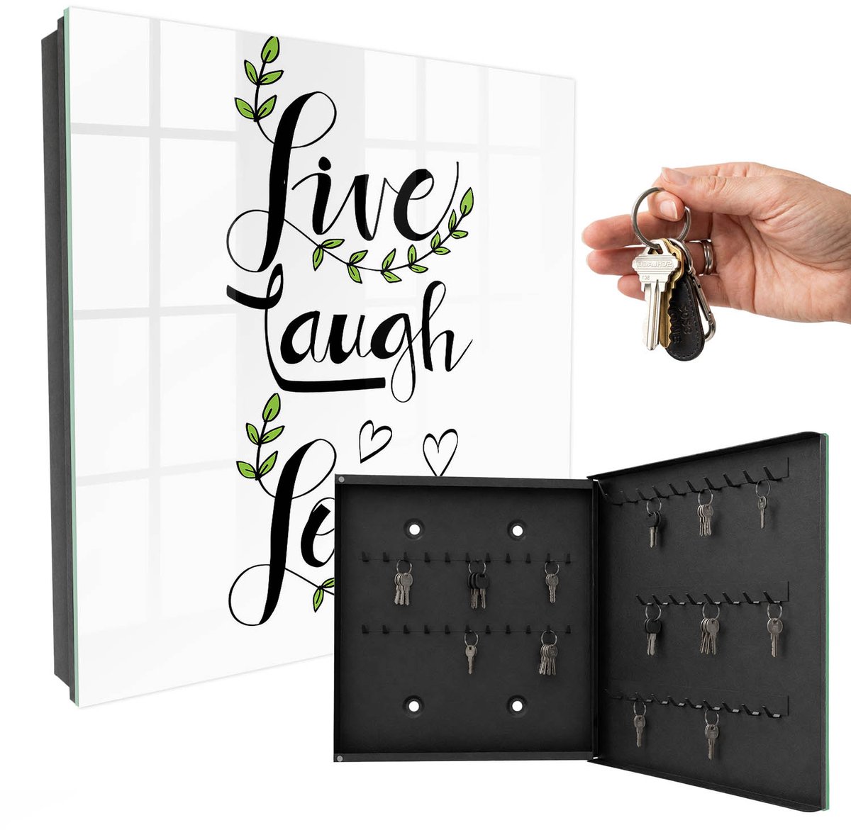 WallMuralia - Sleutelkast - 30x30x5 cm - met 50 haken - Positieve Typografie Sleutelkastje Voor Binnen - Wit Sleutelbox - Rechtsopenend - Zwart interieur