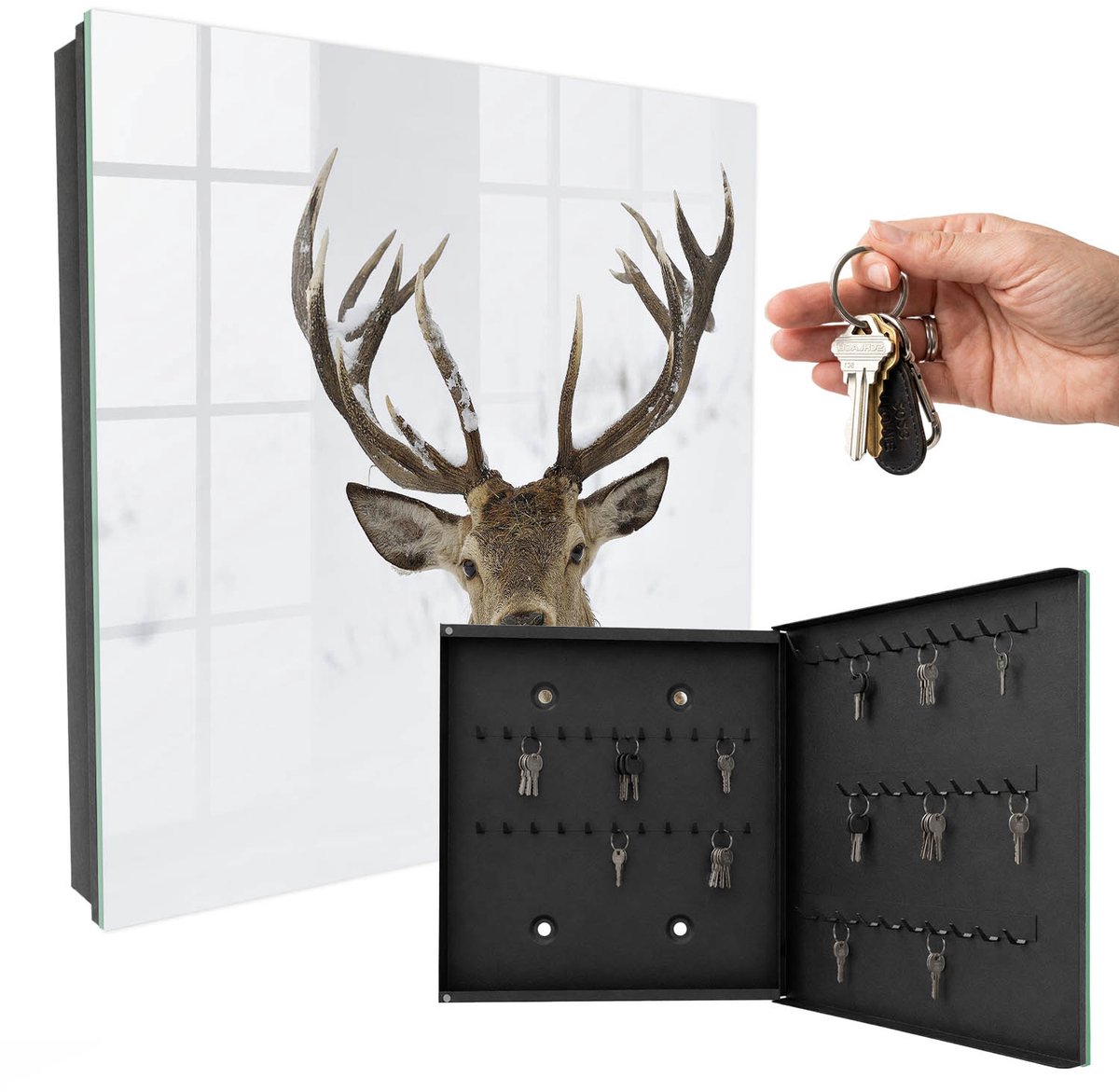 WallMuralia - Sleutelkast - 30x30x5 cm - met 50 haken - Winterhert Sleutelkastje Binnen - Wit Sleutelbox - Rechtsopenend - Zwart interieur