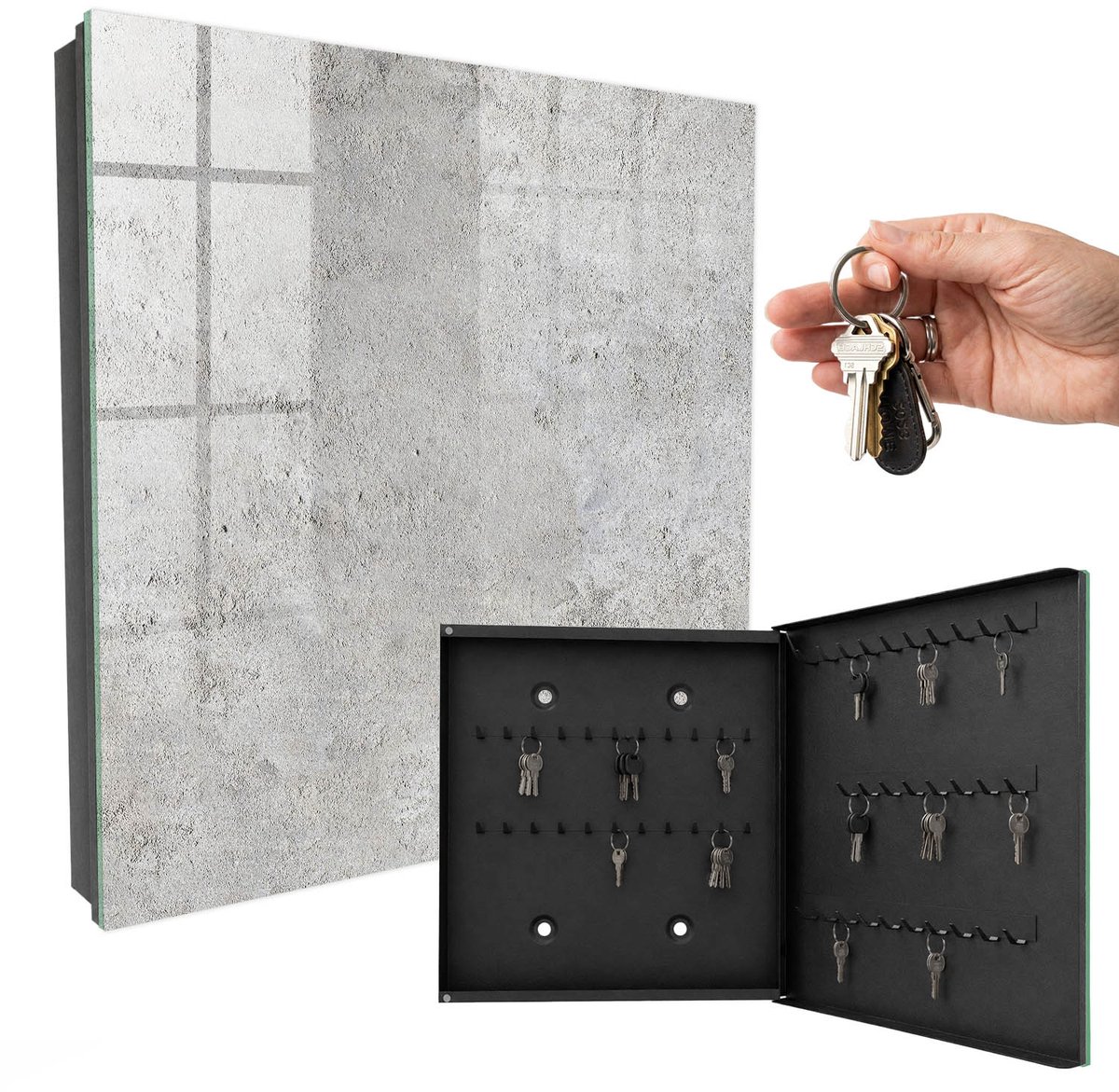 WallMuralia - Sleutelkast - 30x30x5 cm - met 50 haken - Grijs Oppervlak Sleutelkastje Landelijk - Grijs Sleutelbox - Rechtsopenend - Zwart interieur