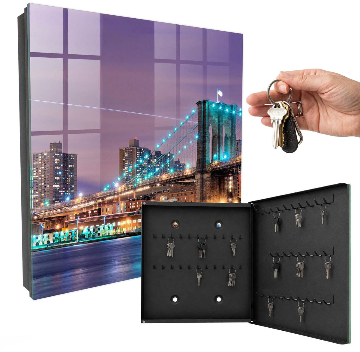 WallMuralia - Sleutelkast - 30x30x5 cm - met 50 haken - Stadsbrug Sleutelkastje - Paars Sleutelbox - Rechtsopenend - Zwart interieur
