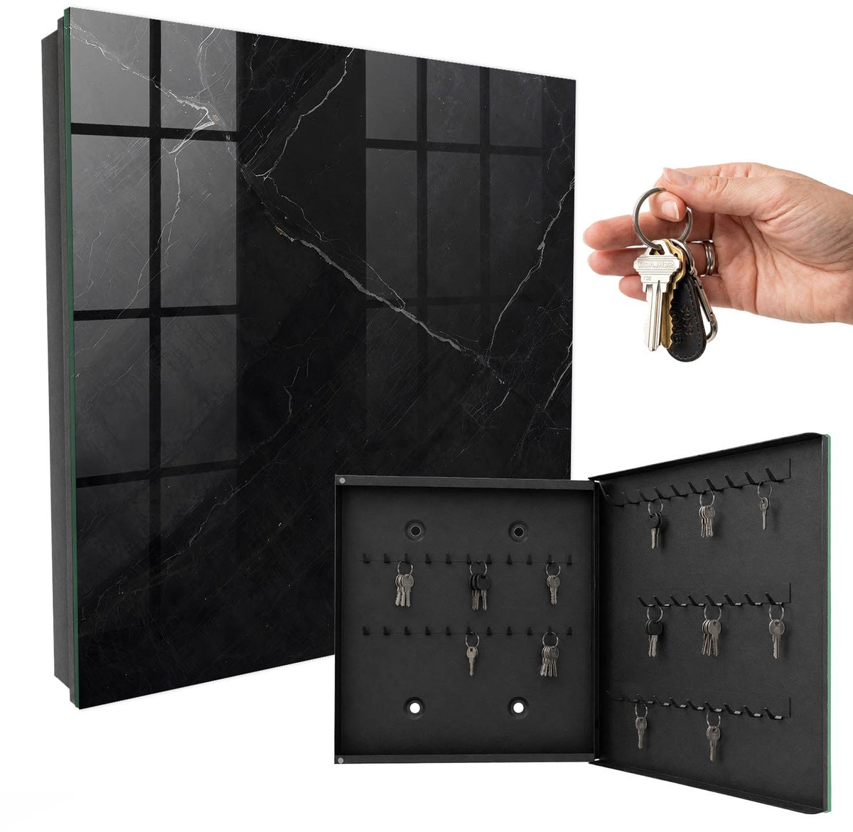 WallMuralia - Sleutelkast - 30x30x5 cm - met 50 haken - Marmerzwart Groot Sleutelkastje - Zwart Sleutelbox - Rechtsopenend - Zwart interieur
