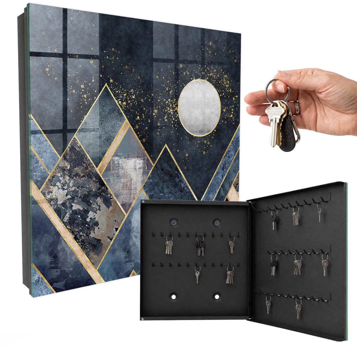 WallMuralia - Sleutelkast - 30x30x5 cm - met 50 haken - Hemelgeometrie Sleutelkastje Huis - Marine Sleutelbox - Rechtsopenend - Zwart interieur