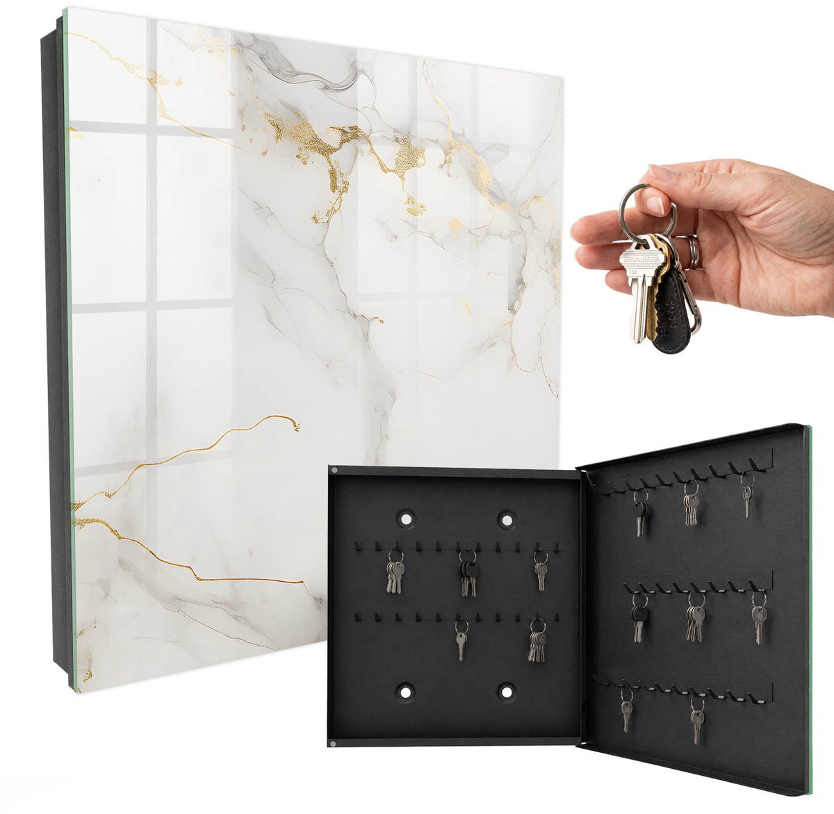 WallMuralia - Sleutelkast - 30x30x5 cm - met 50 haken - Elegante Achtergrond Sleutelkastje Gang - Wit Sleutelbox - Rechtsopenend - Zwart interieur
