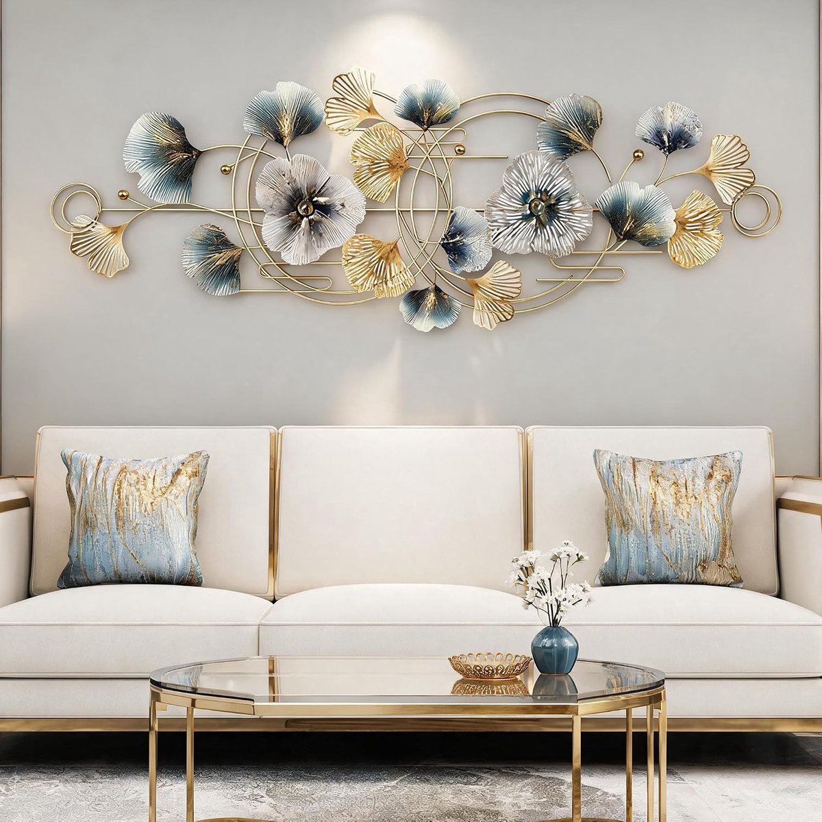 Woonkamer, 127 x 44 cm 3D Muur Woonkamer Bloemen Muursculptuur Metaal