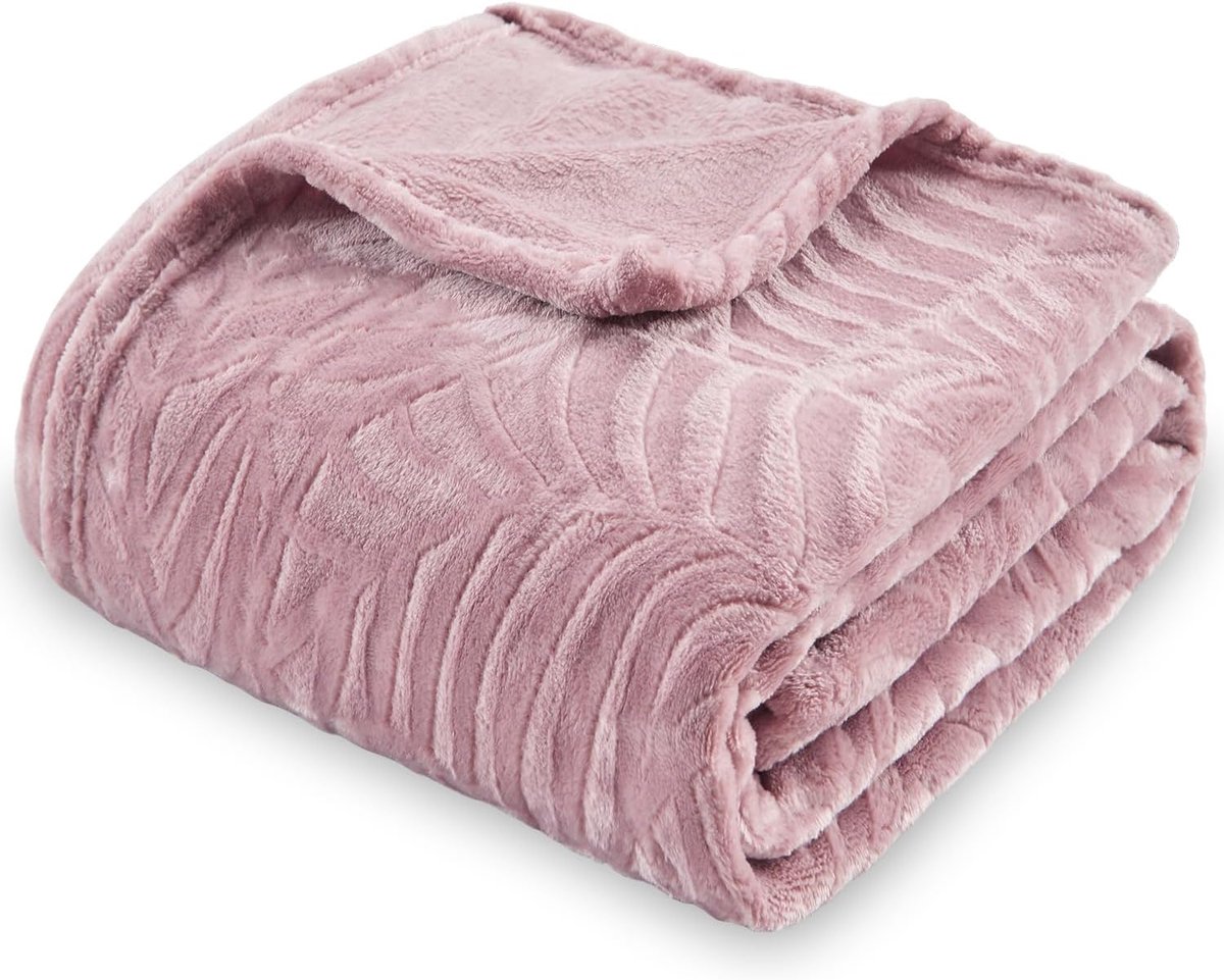 Superzachte, lichte en comfortabele flanellen fleecedeken, gestructureerde pluche deken met bladeren, voor bed, bank, bank, 150 x 200 cm, poederroze