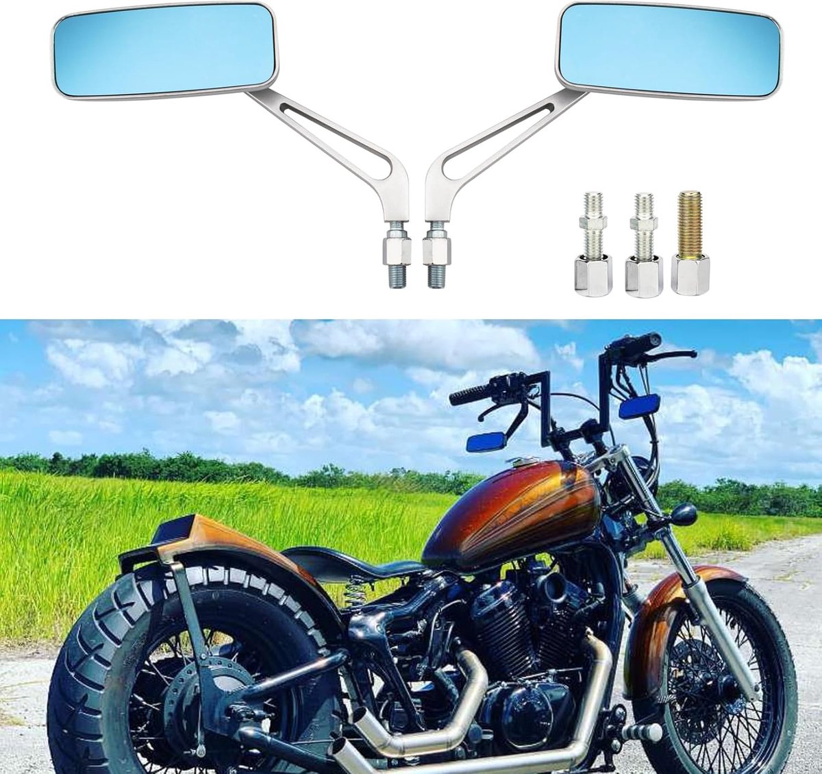 Achteruitkijkspiegel voor motorfiets, rechthoekig, retrostijl