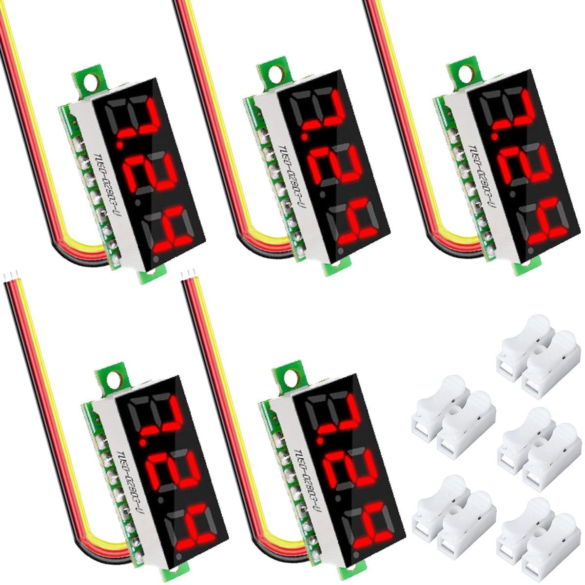 5 stuks DC voltage display, gelijkspanningsweergave 0,28 inch 3-draads led-display rood paneel mini-digitale voltmeter DC 0-100 V voltmeter tester meetapparaat met krimpaansluiting CH-2