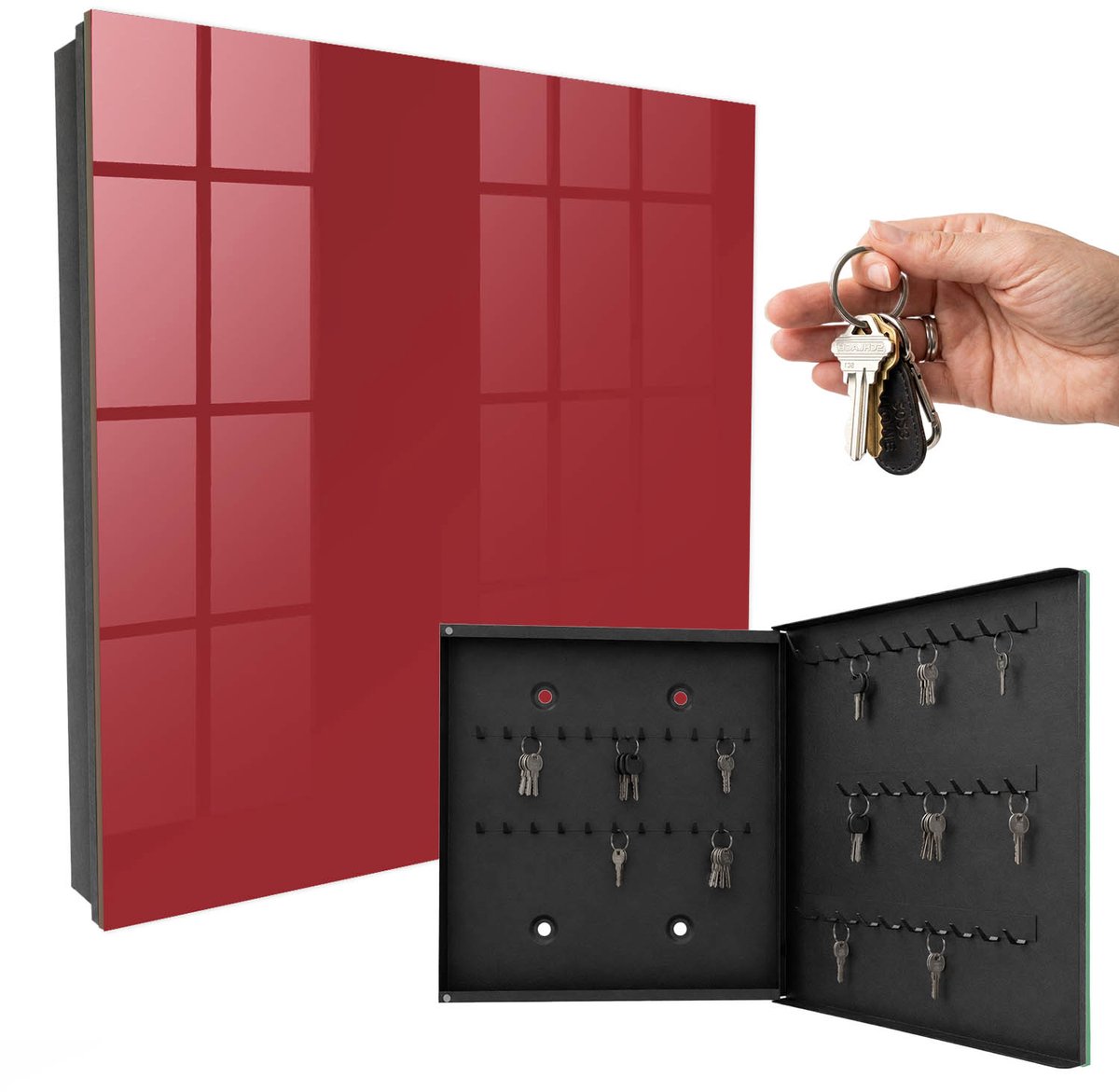 WallMuralia - Sleutelkast - 30x30x5 cm - met 50 haken - Bordeauxrode Kleur Sleutelkastje Hal - Bourgogne Sleutelbox - Rechtsopenend - Zwart interieur
