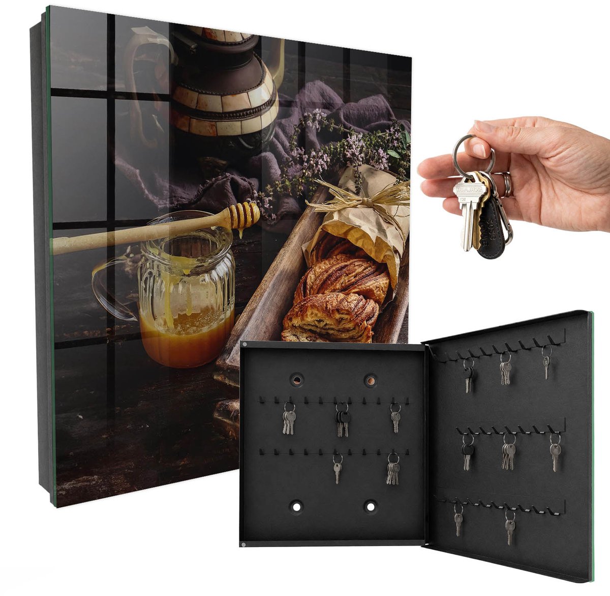 WallMuralia - Sleutelkast - 30x30x5 cm - met 50 haken - Huiselijke Warmte Sleutelkastje - Bruin Sleutelbox - Rechtsopenend - Zwart interieur