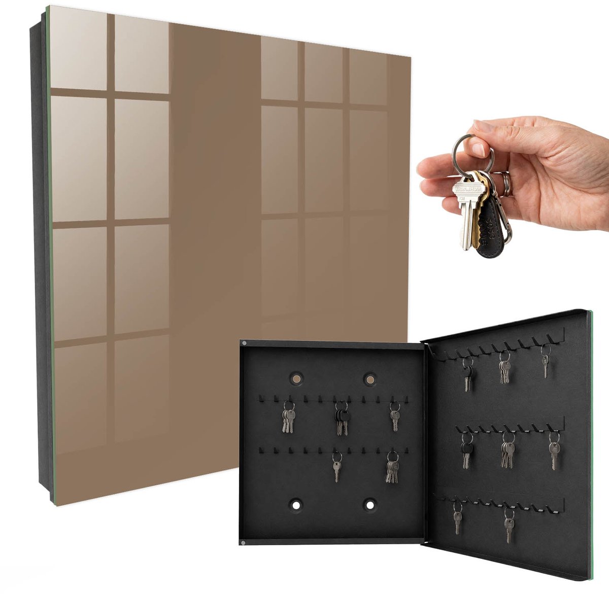 WallMuralia - Sleutelkast - 30x30x5 cm - met 50 haken - Vergeeld Grijs Sleutelkastje Modern - Grijs Sleutelbox - Rechtsopenend - Zwart interieur