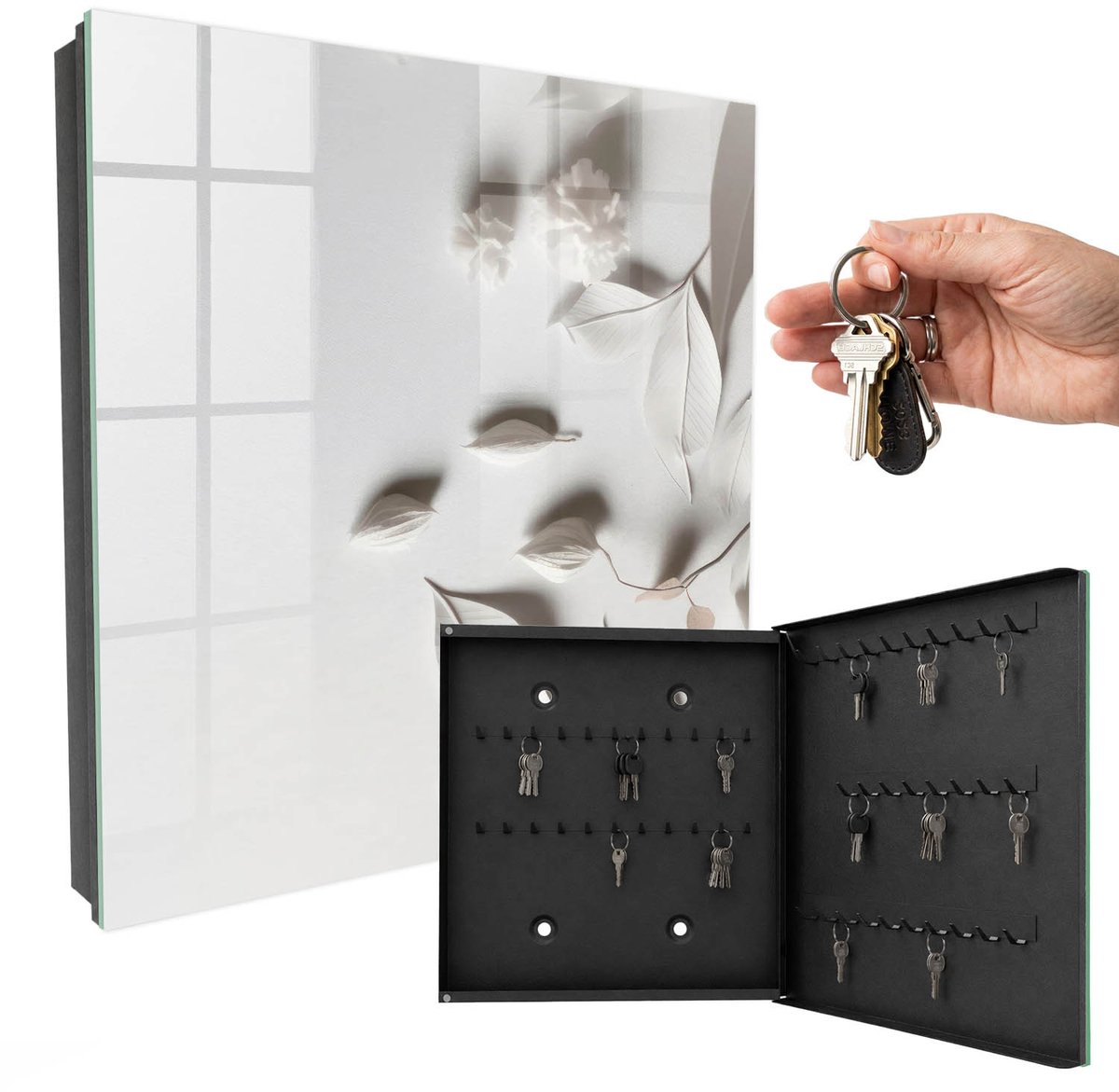 WallMuralia - Sleutelkast - 30x30x5 cm - met 50 haken - Witte Bladeren Sleutelkastje Muur - Wit Sleutelbox - Rechtsopenend - Zwart interieur