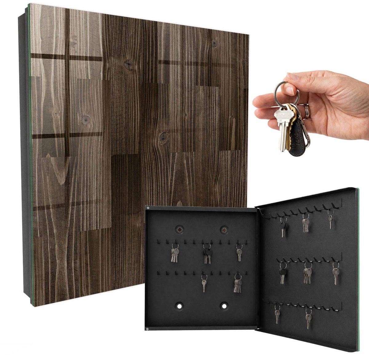 WallMuralia - Sleutelkast - 30x30x5 cm - met 50 haken - Bruin Hout Sleutelkastje Industrieel - Bruin Sleutelbox - Rechtsopenend - Zwart interieur