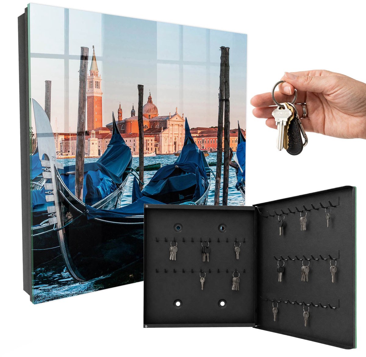 WallMuralia - Sleutelkast - 30x30x5 cm - met 50 haken - Italiaans Landschap Sleutelkastje Voor Binnen - Blauw Sleutelbox - Rechtsopenend - Zwart interieur