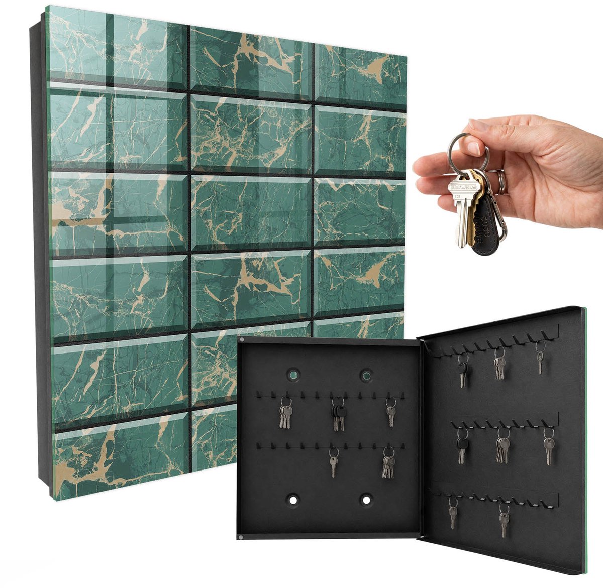 WallMuralia - Sleutelkast - 30x30x5 cm - met 50 haken - Groen Marmer Sleutelkastje Gang - Groente Sleutelbox - Rechtsopenend - Zwart interieur