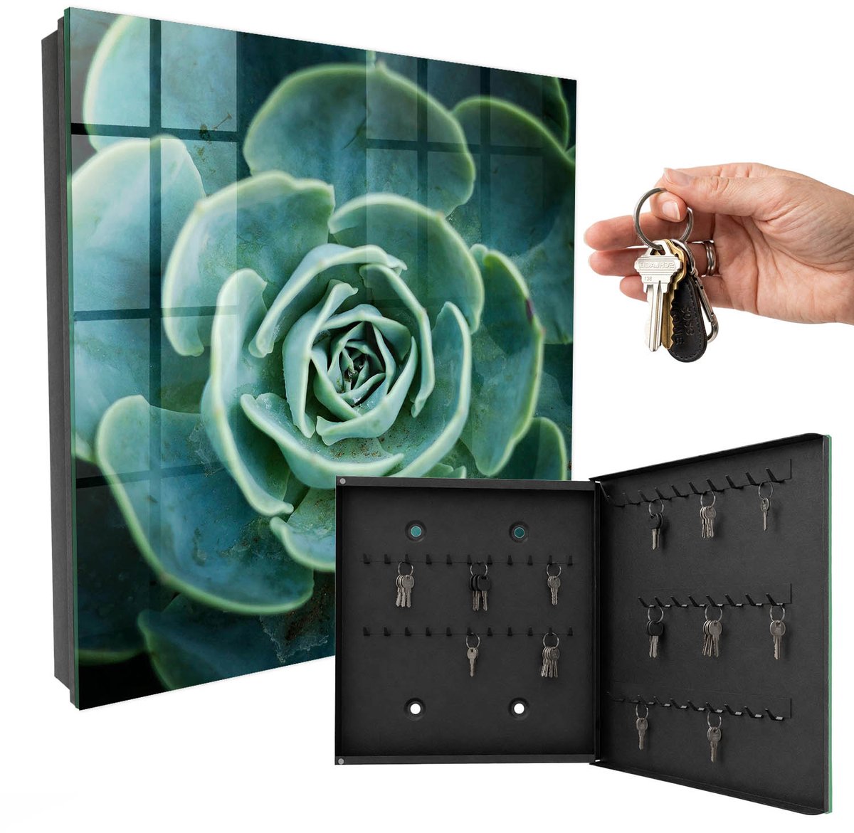 WallMuralia - Sleutelkast - 30x30x5 cm - met 50 haken - Groene Rozet Sleutelkastje Muur - Groente Sleutelbox - Rechtsopenend - Zwart interieur