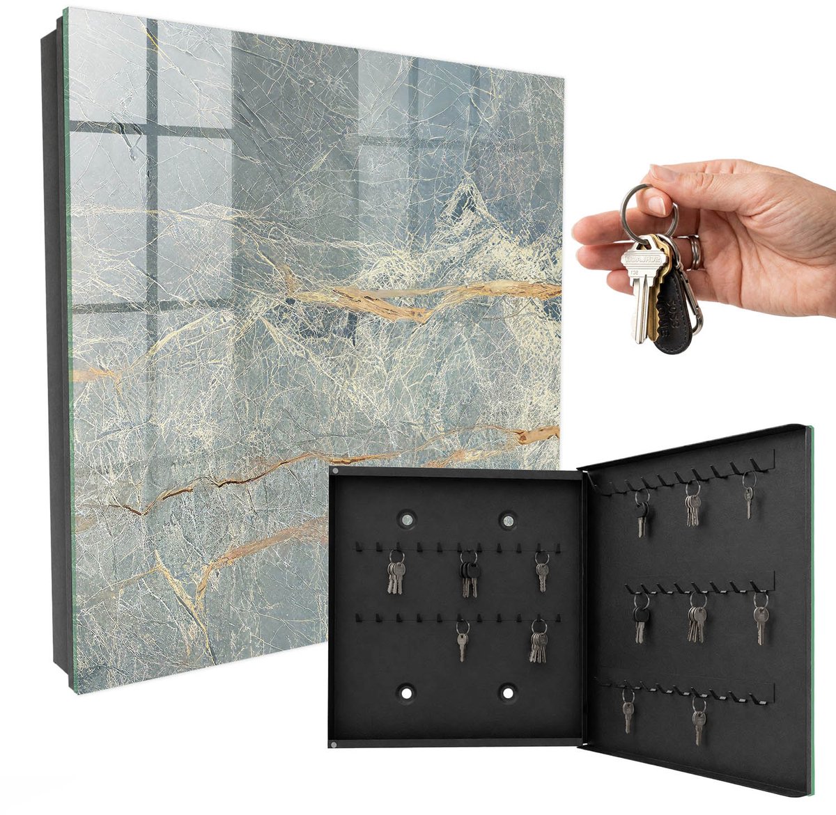 WallMuralia - Sleutelkast - 30x30x5 cm - met 50 haken - Marmertextuur Sleutelkastje Industrieel - Grijs Sleutelbox - Rechtsopenend - Zwart interieur