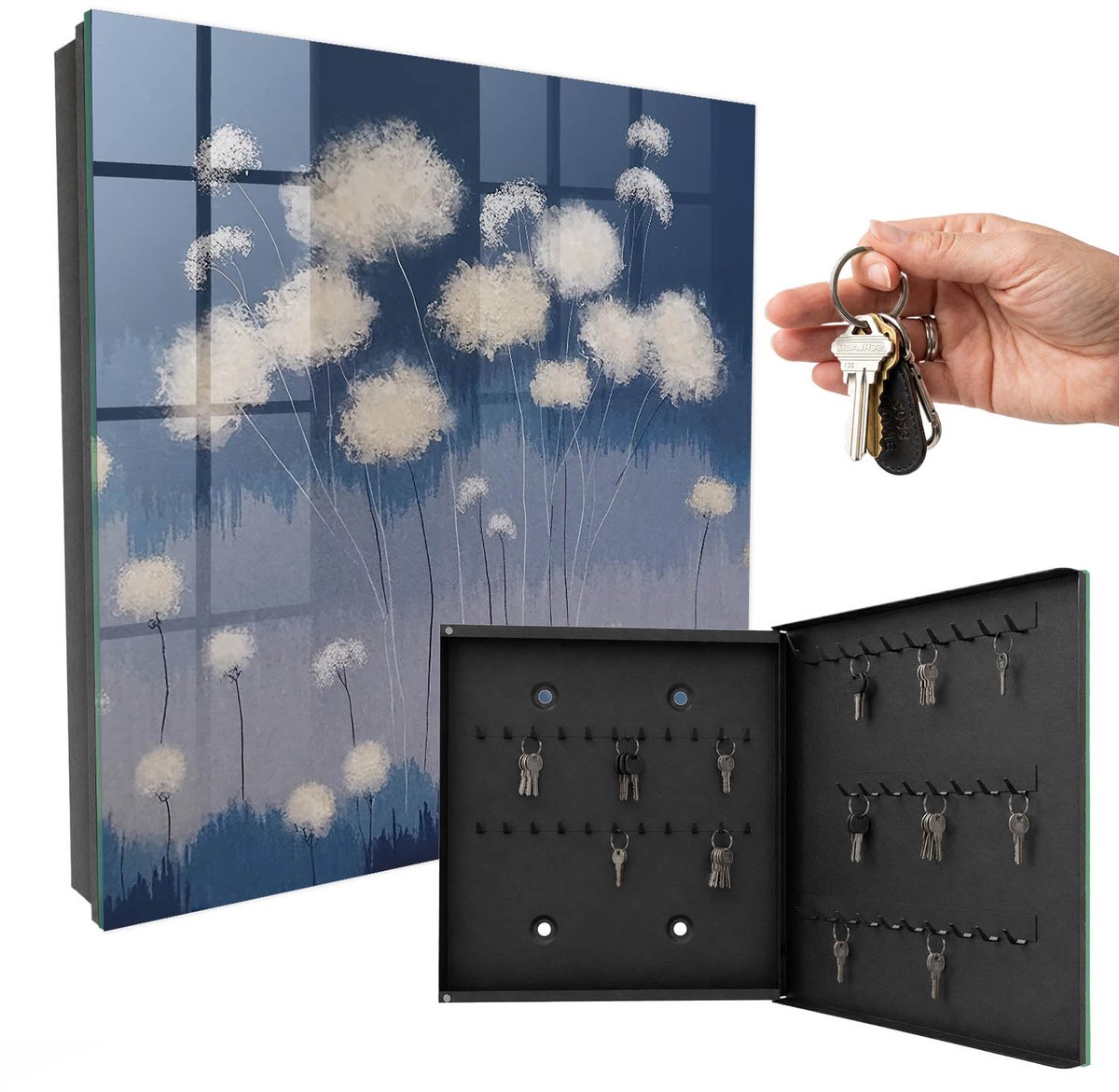 WallMuralia - Sleutelkast - 30x30x5 cm - met 50 haken - Paardenbloemen Sleutelkastje Voor Binnen - Blauw Sleutelbox - Rechtsopenend - Zwart interieur