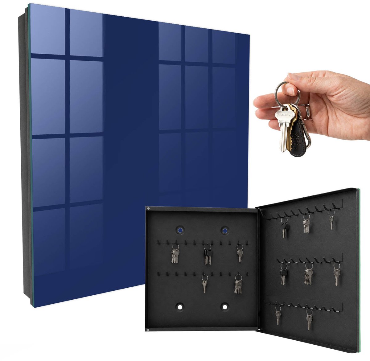 WallMuralia - Sleutelkast - 30x30x5 cm - met 50 haken - Levendig Marineblauw Sleutelkastje Design - Marine Sleutelbox - Rechtsopenend - Zwart interieur