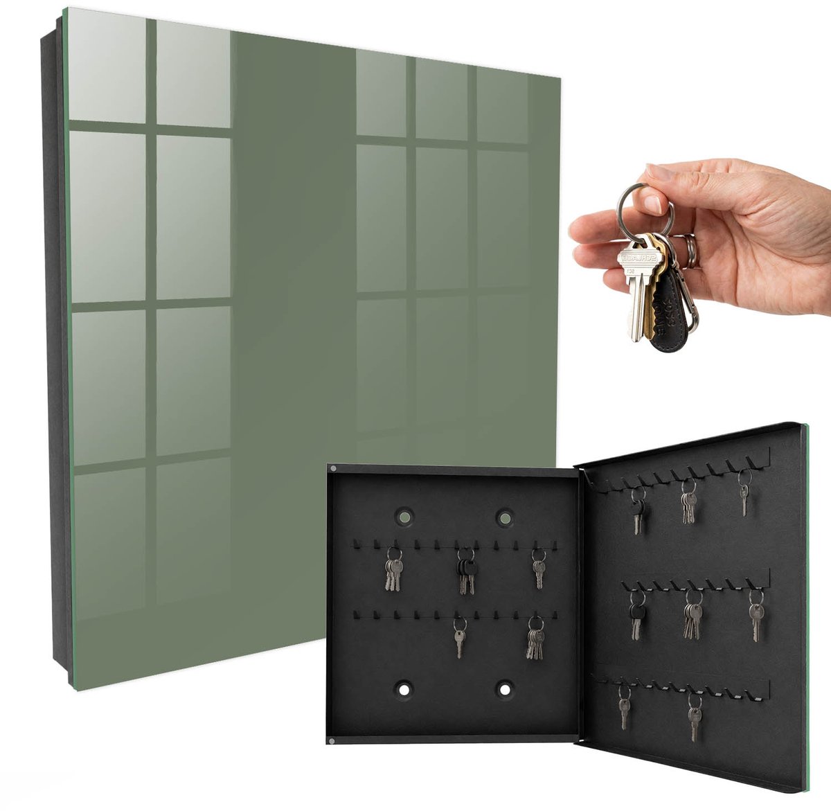 WallMuralia - Sleutelkast - 30x30x5 cm - met 50 haken - Donkere Salie Groot Sleutelkastje - Groente Sleutelbox - Rechtsopenend - Zwart interieur