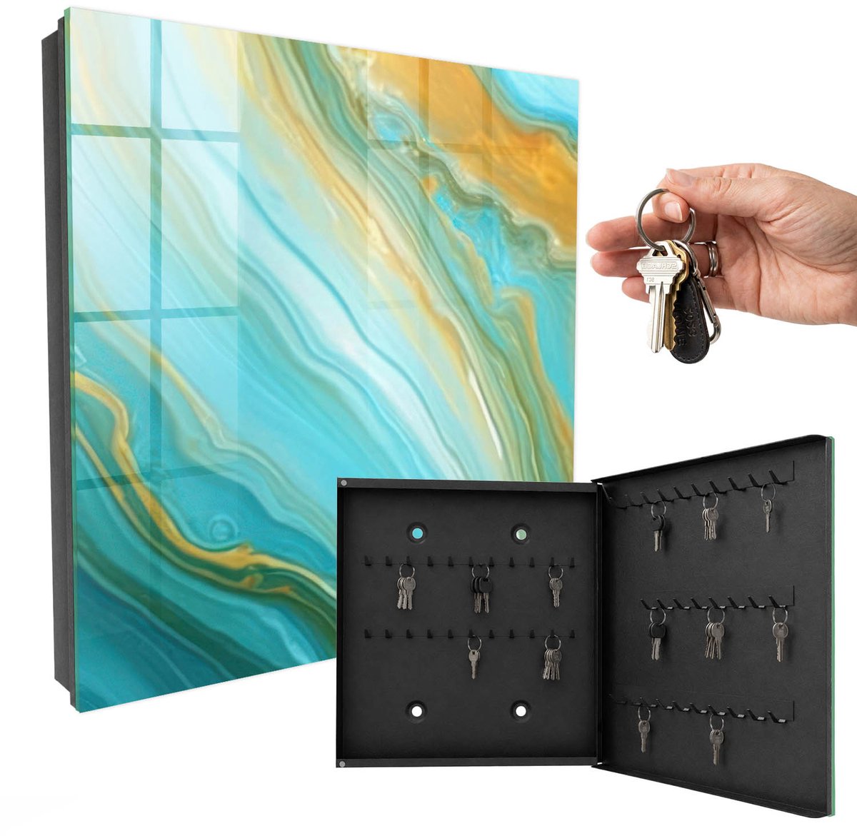 WallMuralia - Sleutelkast - 30x30x5 cm - met 50 haken - Kleurrijke Golven Sleutelkastje Landelijk - Turkoois Sleutelbox - Rechtsopenend - Zwart interieur