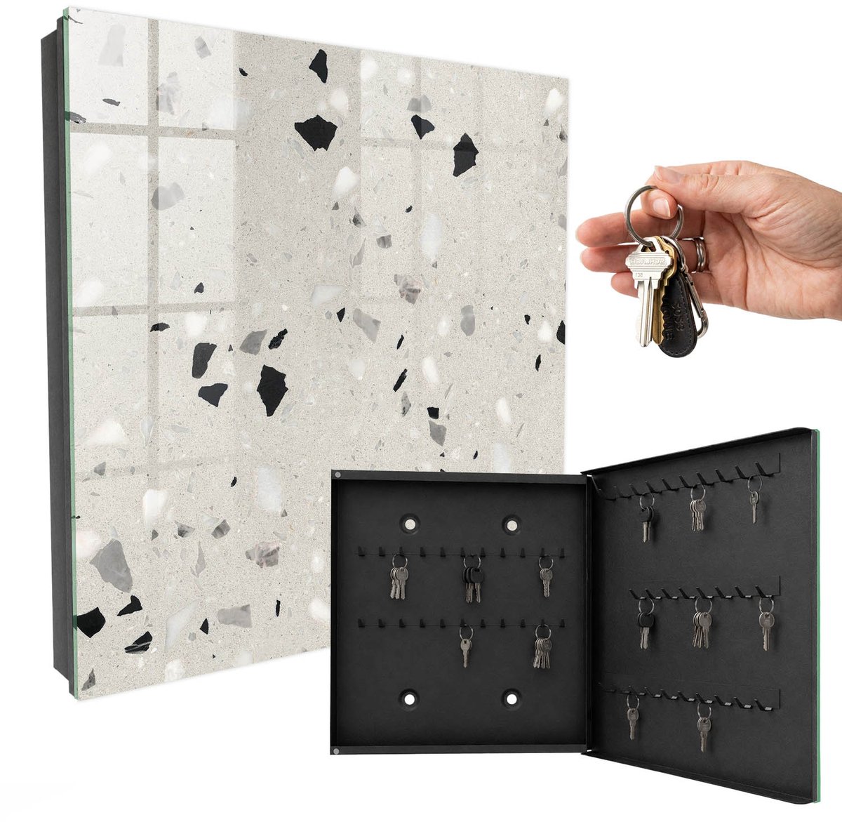 WallMuralia - Sleutelkast - 30x30x5 cm - met 50 haken - Grijs Patroon Sleutelkastje - Grijs Sleutelbox - Rechtsopenend - Zwart interieur