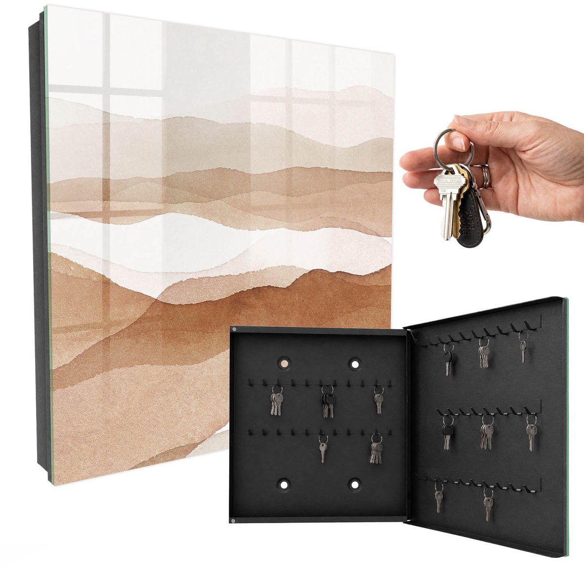 WallMuralia - Sleutelkast - 30x30x5 cm - met 50 haken - Pastelkleurige Golven Sleutelkastje Binnen - Beige Sleutelbox - Rechtsopenend - Zwart interieur
