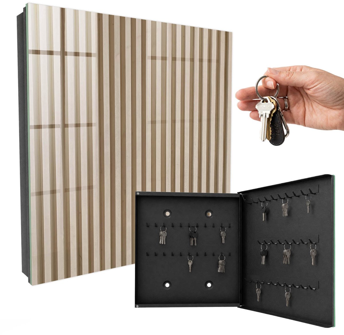WallMuralia - Sleutelkast - 30x30x5 cm - met 50 haken - Beige Lijnen Sleutelkastje Gang - Beige Sleutelbox - Rechtsopenend - Zwart interieur