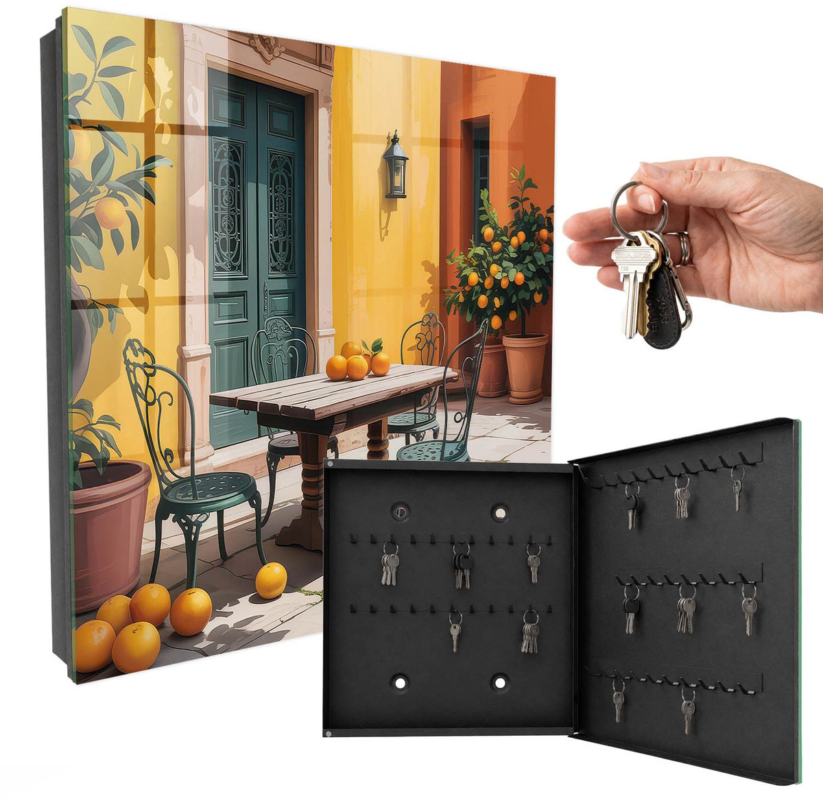 WallMuralia - Sleutelkast - 30x30x5 cm - met 50 haken - Zonnig Terras Sleutelkastje Industrieel - Geel Sleutelbox - Rechtsopenend - Zwart interieur