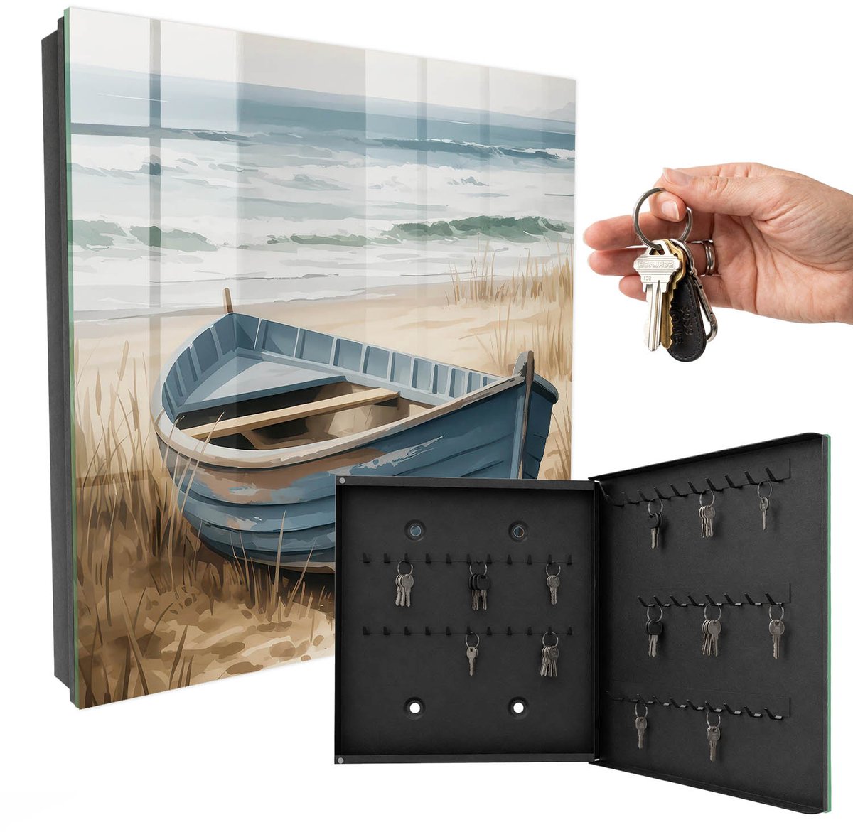 WallMuralia - Sleutelkast - 30x30x5 cm - met 50 haken - Strandboot Sleutelkastje Huis - Blauw Sleutelbox - Rechtsopenend - Zwart interieur