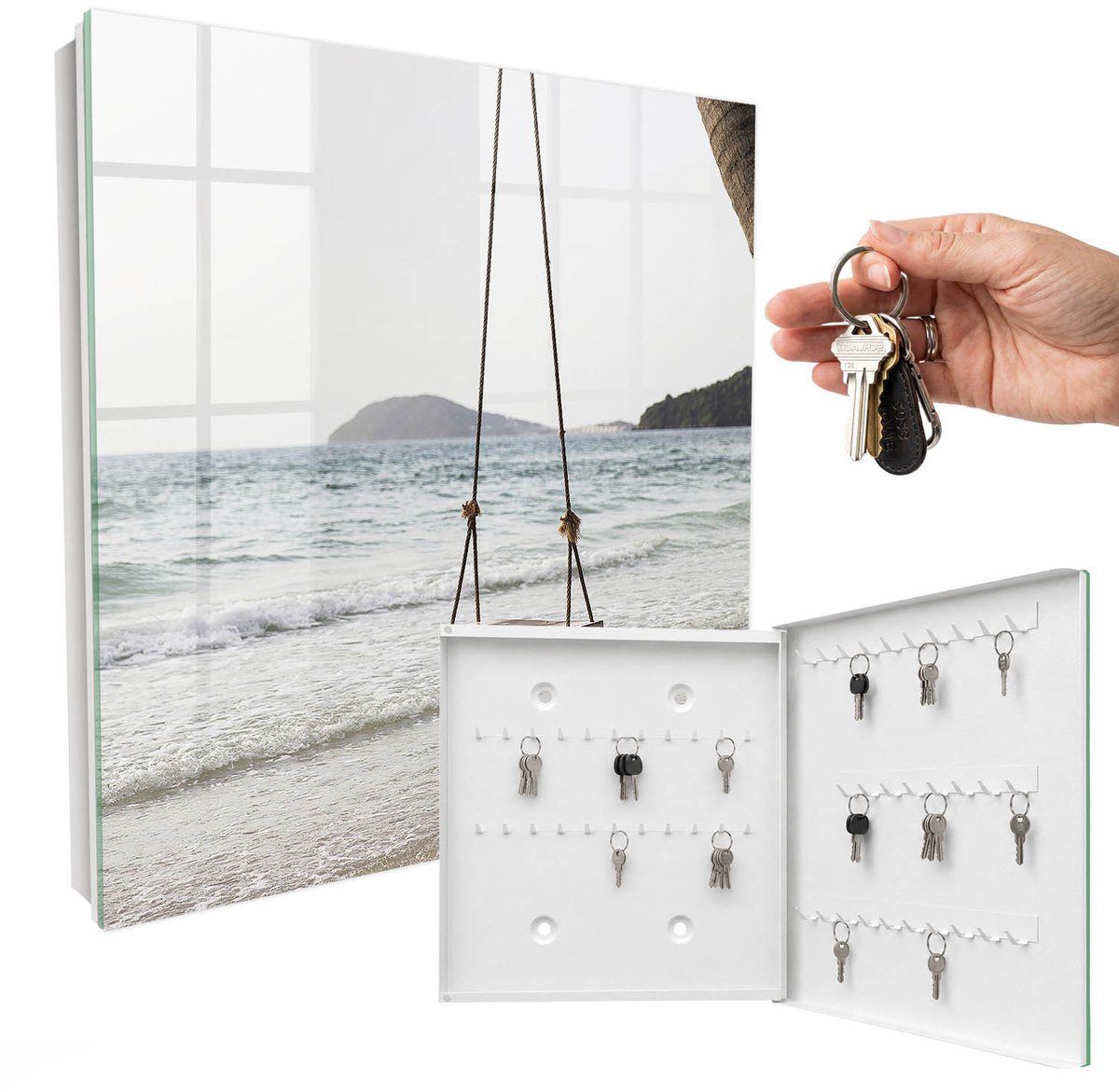 WallMuralia - Sleutelkast - 30x30x5 cm - met 50 haken - Idylle Aan Het Strand Groot Sleutelkastje - Wit Sleutelbox - Rechtsopenend - Wit interieur