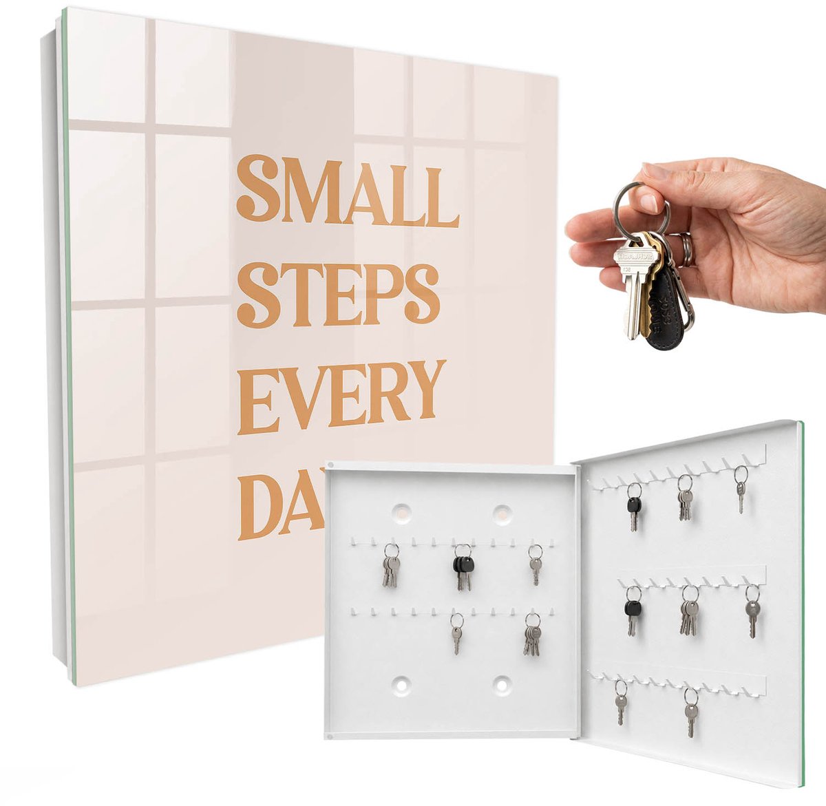 WallMuralia - Sleutelkast - 30x30x5 cm - met 50 haken - Motivatie Elke Dag Sleutelkastje Gang - Beige Sleutelbox - Rechtsopenend - Wit interieur