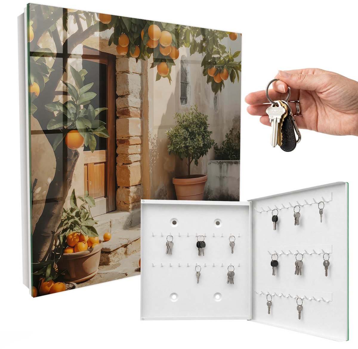 WallMuralia - Sleutelkast - 30x30x5 cm - met 50 haken - Sinaasappeltuin Sleutelkastje Voor Binnen - Oranje Sleutelbox - Rechtsopenend - Wit interieur