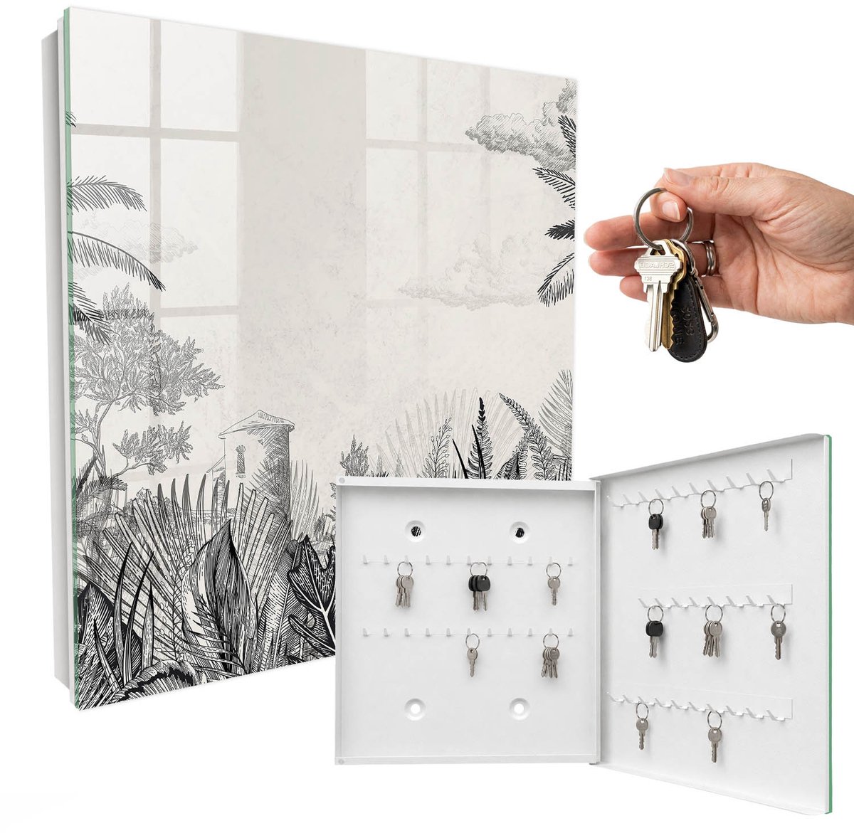 WallMuralia - Sleutelkast - 30x30x5 cm - met 50 haken - Tropisch Landschap Sleutelkastje Hal - Grijs Sleutelbox - Rechtsopenend - Wit interieur