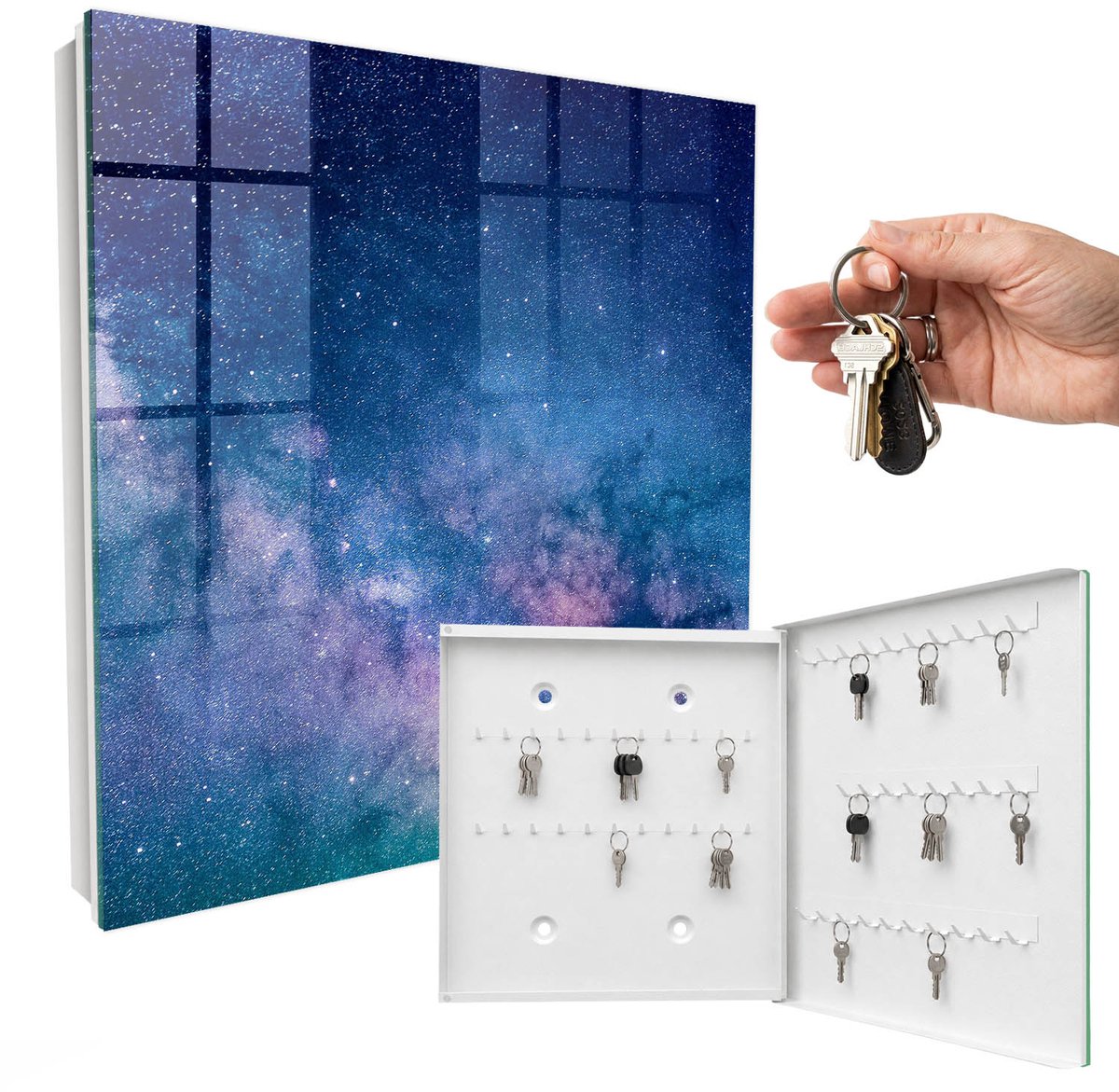 WallMuralia - Sleutelkast - 30x30x5 cm - met 50 haken - Kosmische Nacht Sleutelkastje Gang - Blauw Sleutelbox - Rechtsopenend - Wit interieur