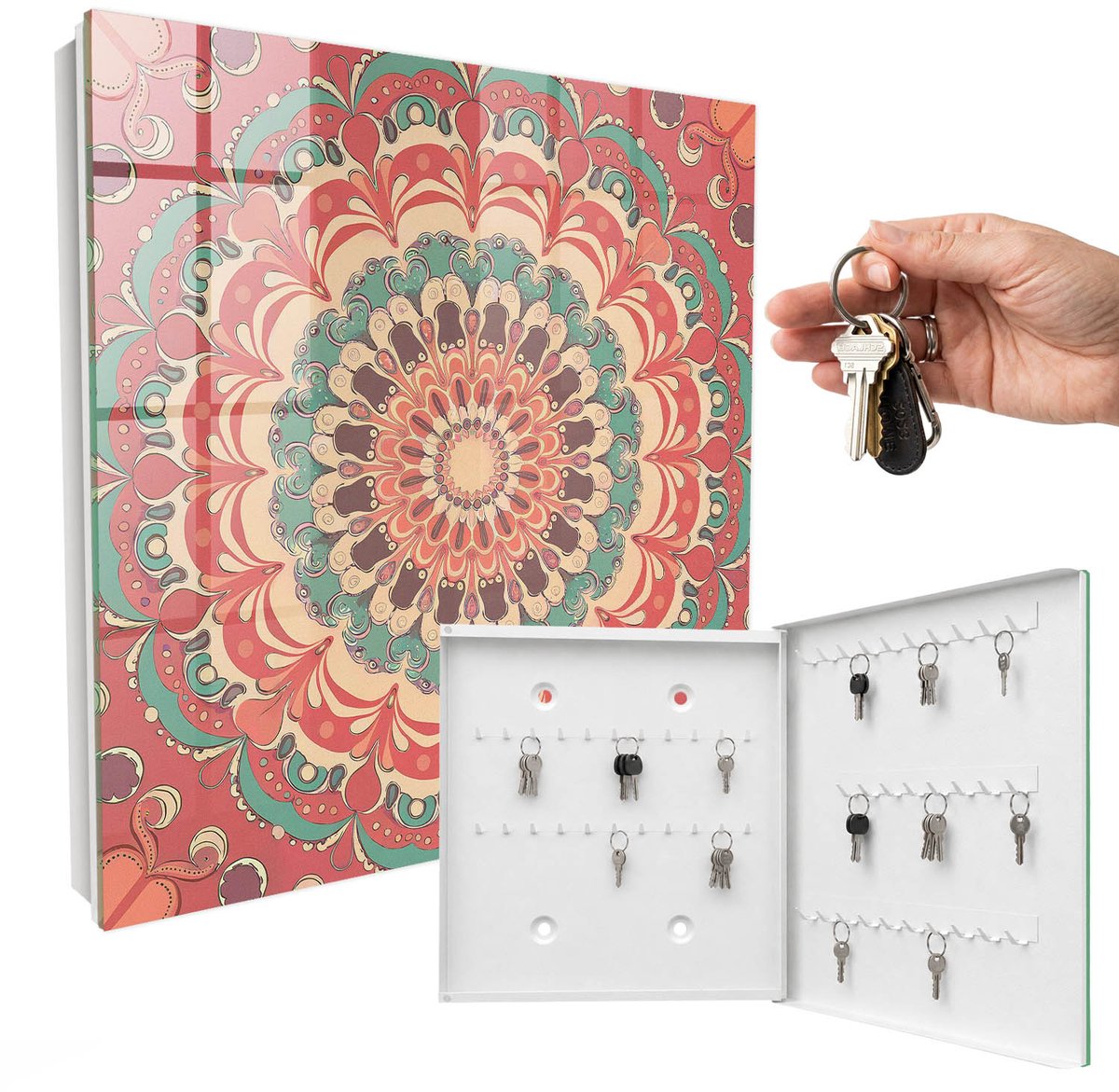 WallMuralia - Sleutelkast - 30x30x5 cm - met 50 haken - Kleurrijke Mandala Sleutelkastje Landelijk - Oranje Sleutelbox - Rechtsopenend - Wit interieur