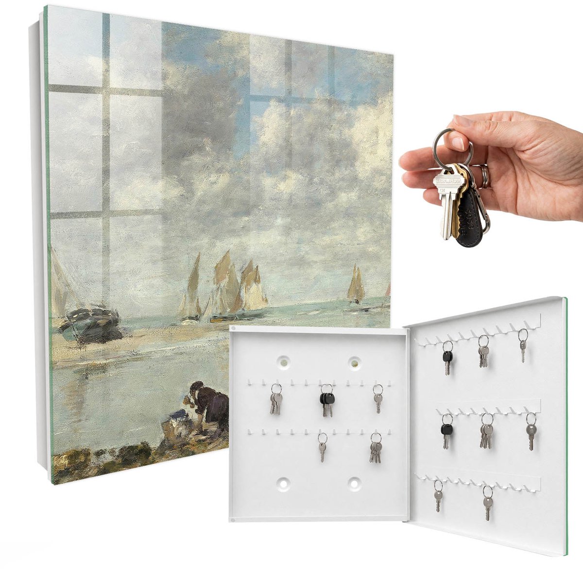 WallMuralia - Sleutelkast - 30x30x5 cm - met 50 haken - Zeilboten Sleutelkastje Binnen - Blauw Sleutelbox - Rechtsopenend - Wit interieur