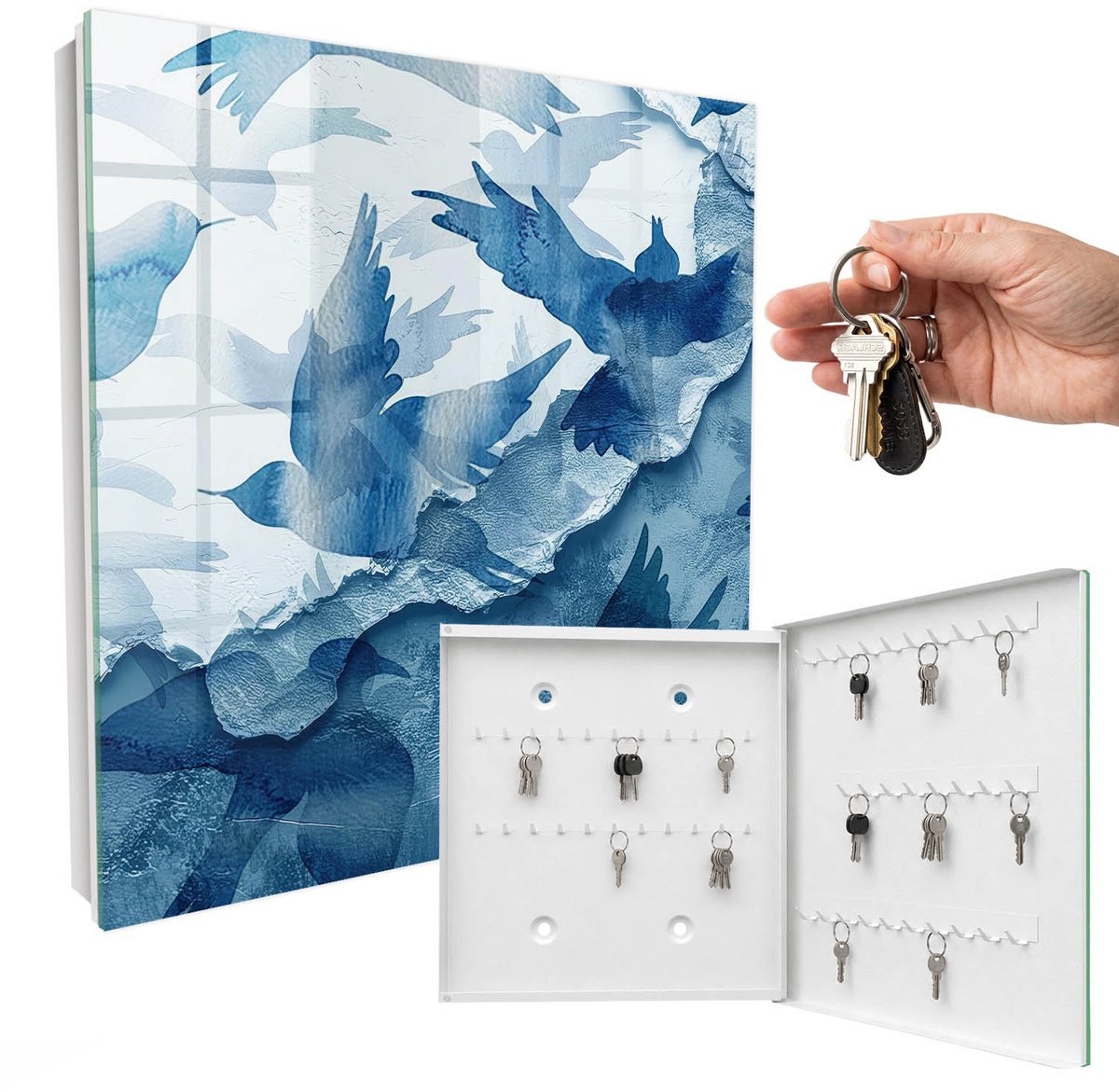 WallMuralia - Sleutelkast - 30x30x5 cm - met 50 haken - Aquarel Vogels Sleutelkastje Voor Binnen - Blauw Sleutelbox - Rechtsopenend - Wit interieur
